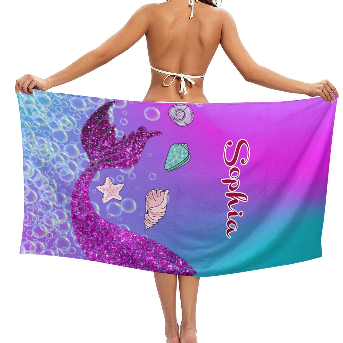 Mermaid Tail Beach Towel Custom Cotton/Poly Blend Pool Towel - Blue - Personalize with Your Name - Standard Size