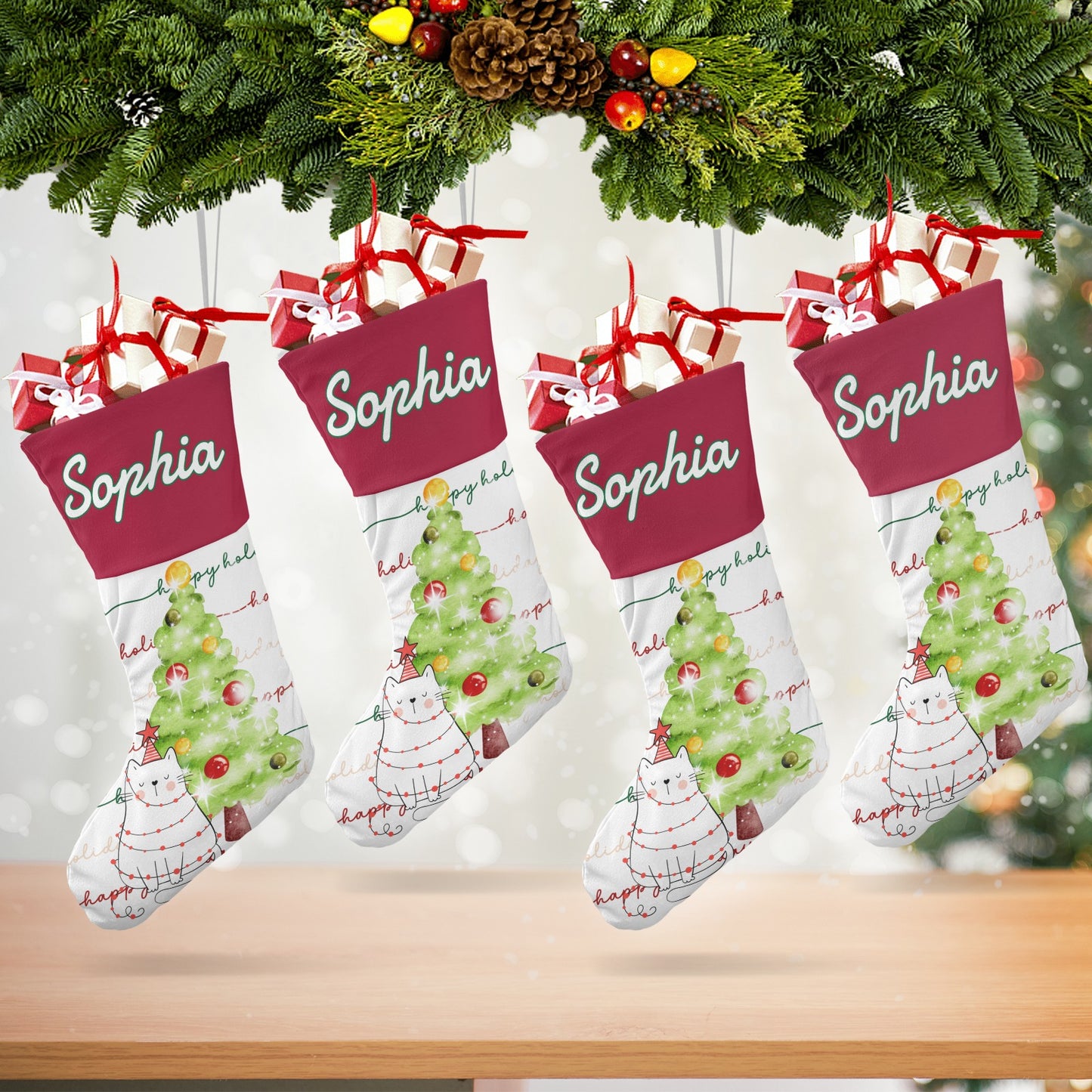 Christmas Cat Christmas Stocking Custom Name Santa Socks Gift
