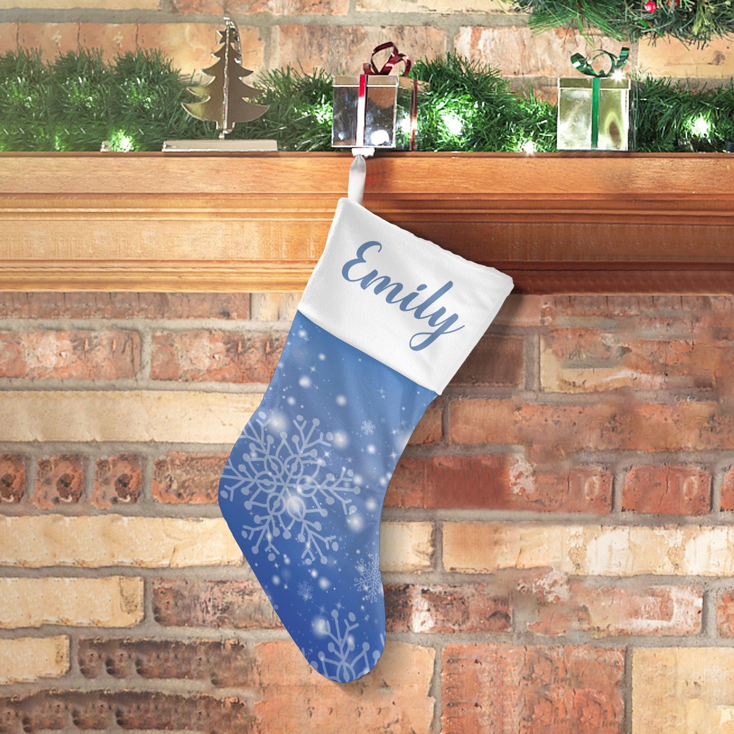 Snowflakes Blue Christmas Stocking Custom Name Christmas Socks Gift