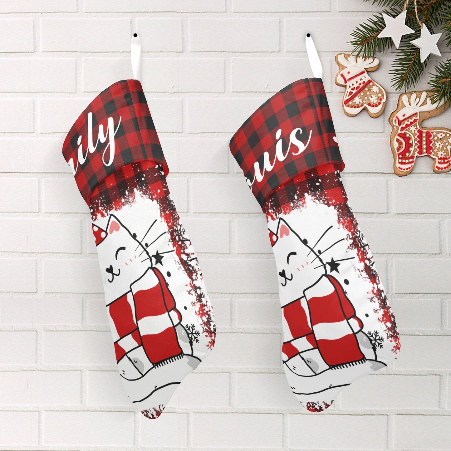 Buffalo Plaid Cat Christmas Stocking Custom Name Christmas Socks Gift