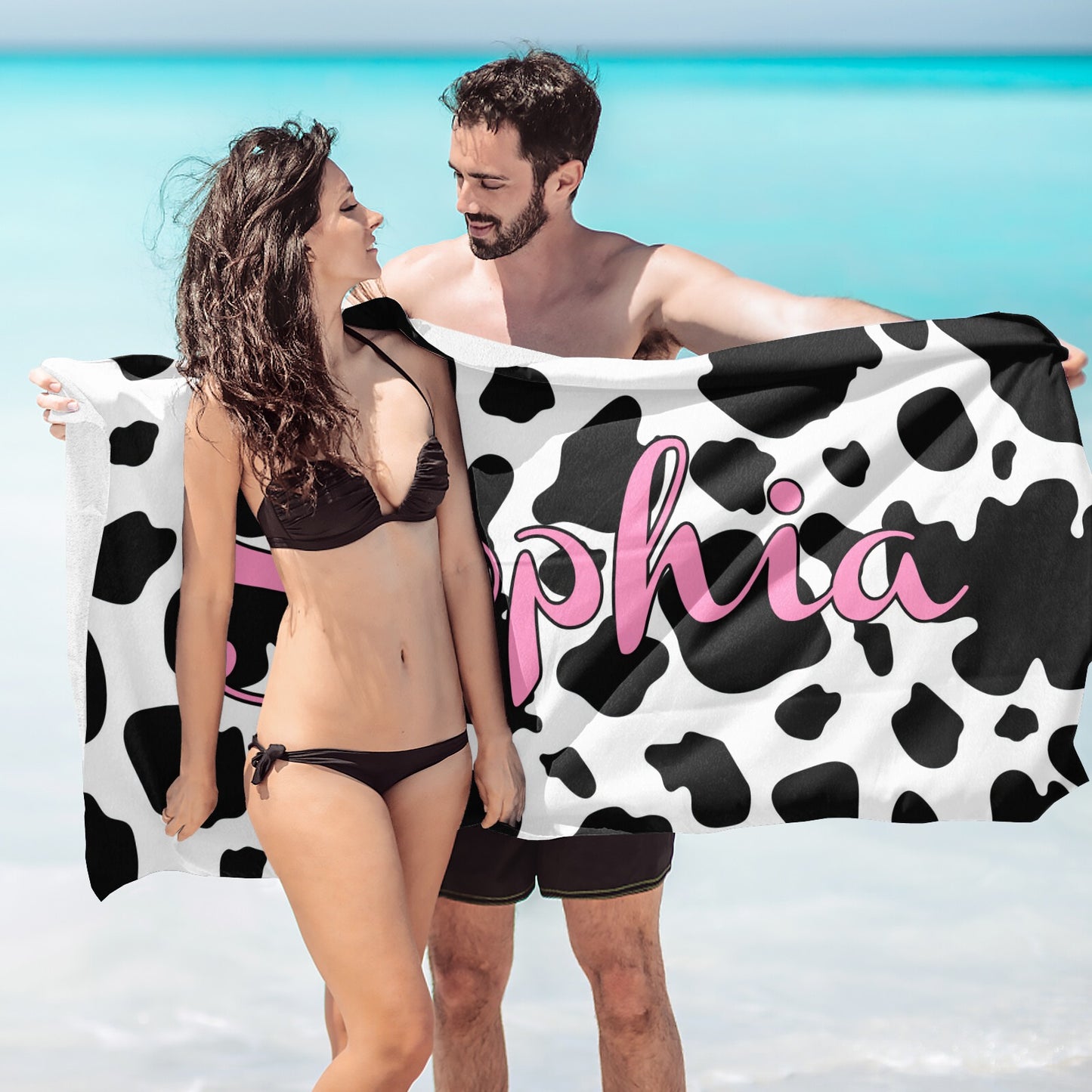 Cow Print Beach Towel Custom Cotton/Poly Blend Pool Towel - Blue - Personalize with Your Name - Standard Size