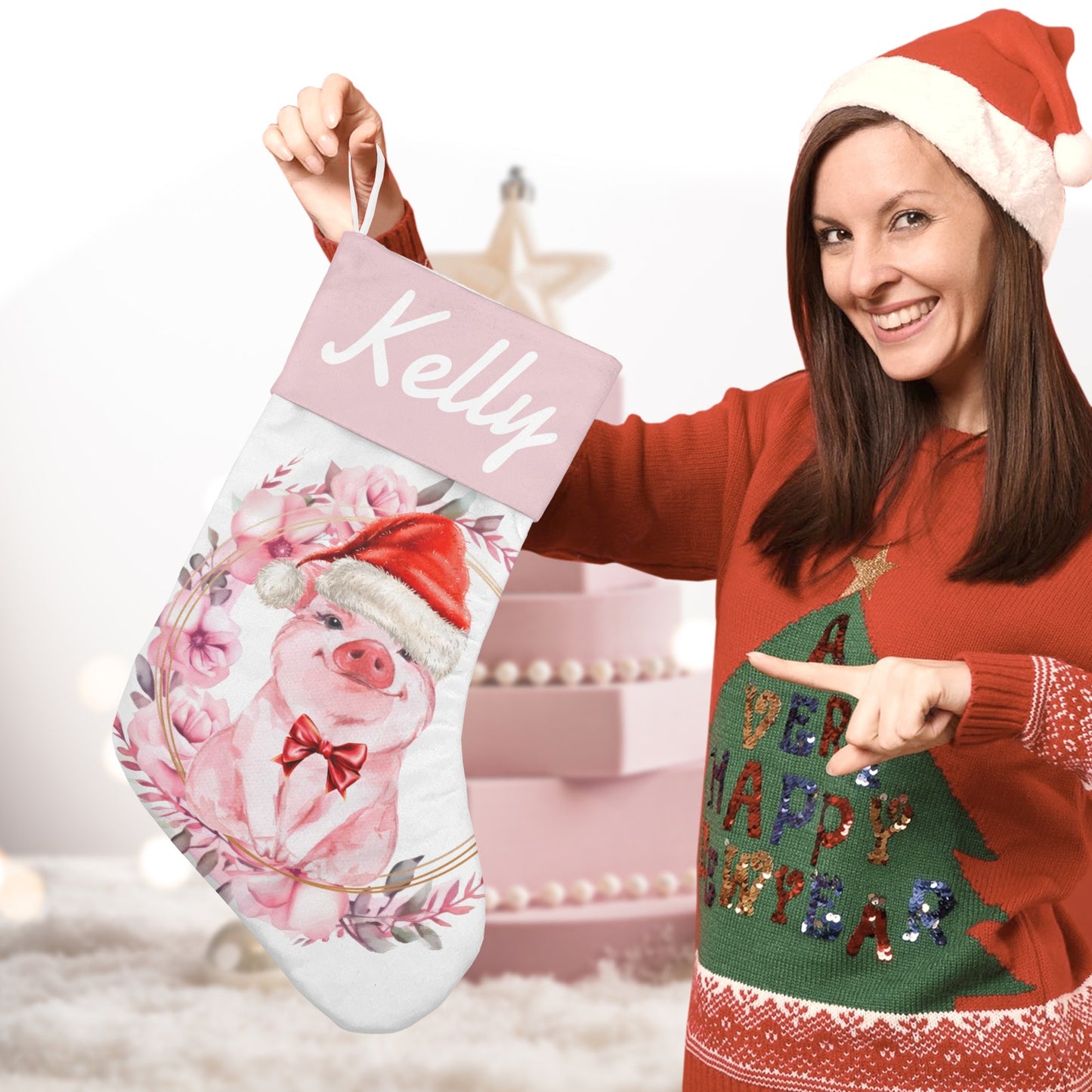 Pig Pink Christmas Stocking Custom Name Santa Socks Gift