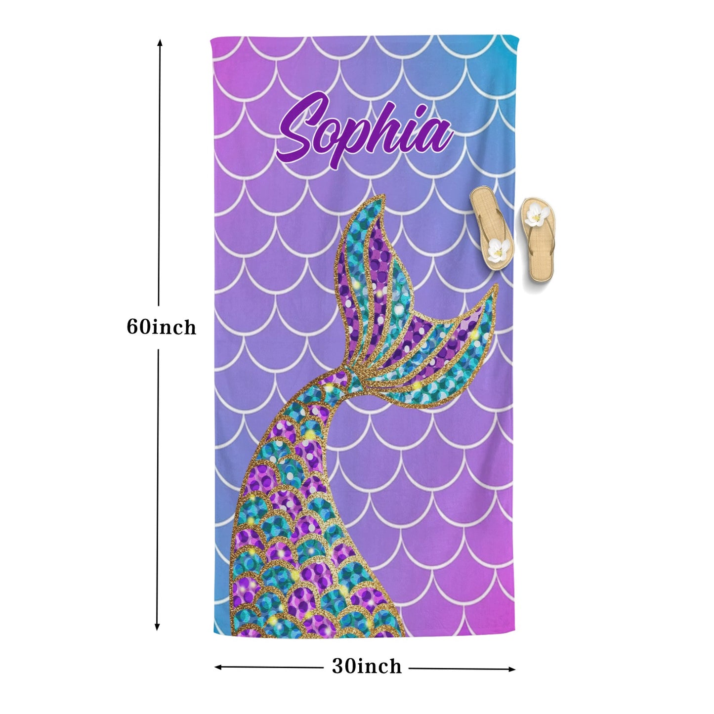 Purple Mermaid Tail Beach Towel Custom Cotton/Poly Blend Pool Towel - Blue - Personalize with Your Name - Standard Size
