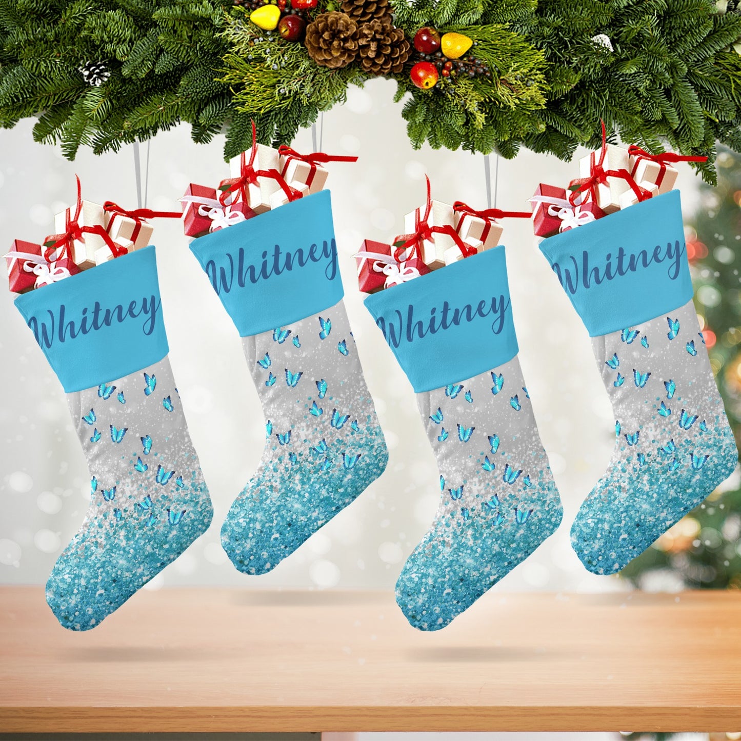 Blue Butterfly Christmas Stocking Custom Name Christmas Socks Gift
