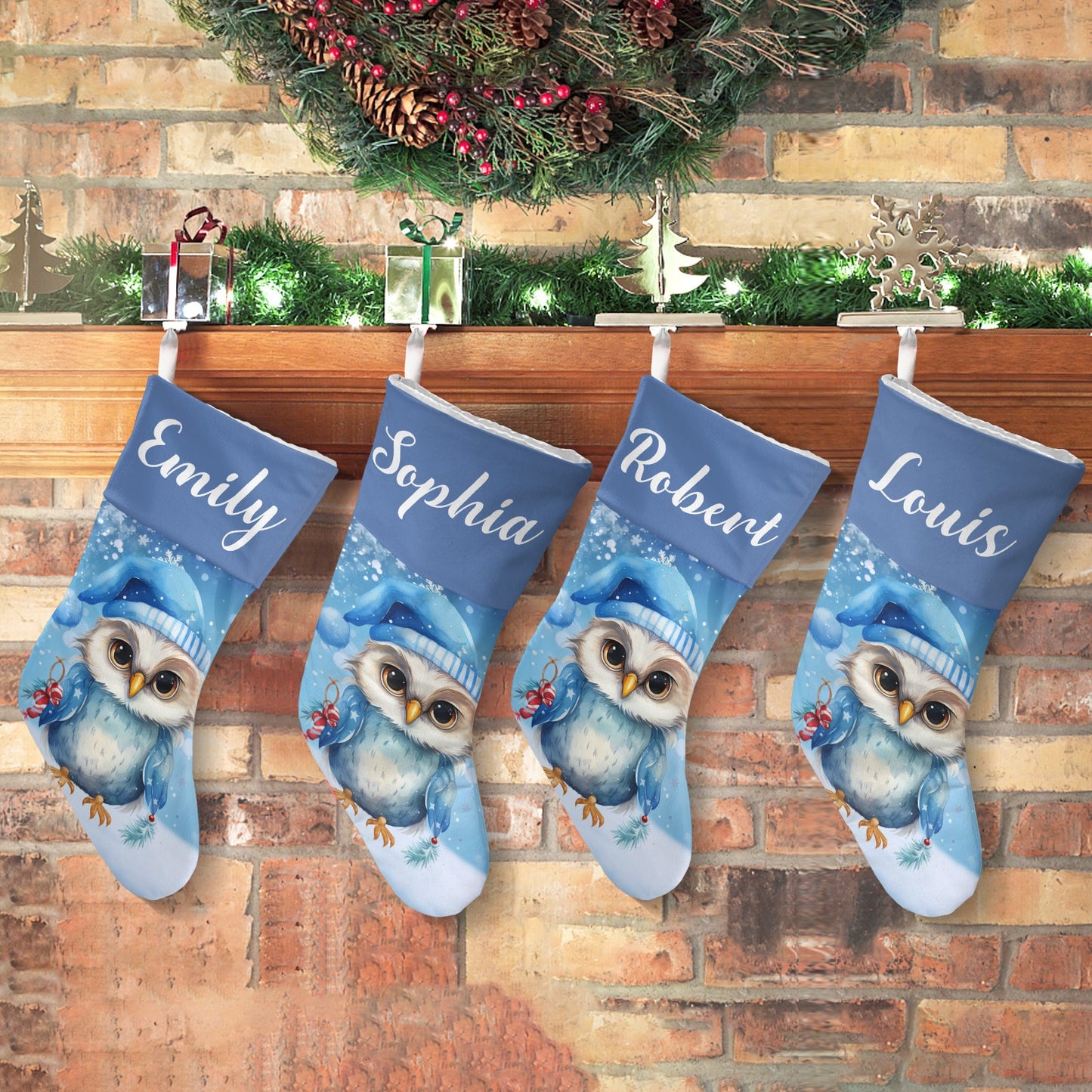 Owl Blue Christmas Stocking Custom Name Christmas Socks Gift