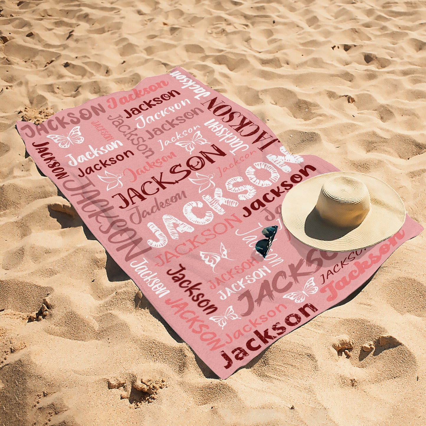 Pink Beach Towel Custom Cotton/Poly Blend Pool Towel - Blue - Personalize with Your Name - Standard Size
