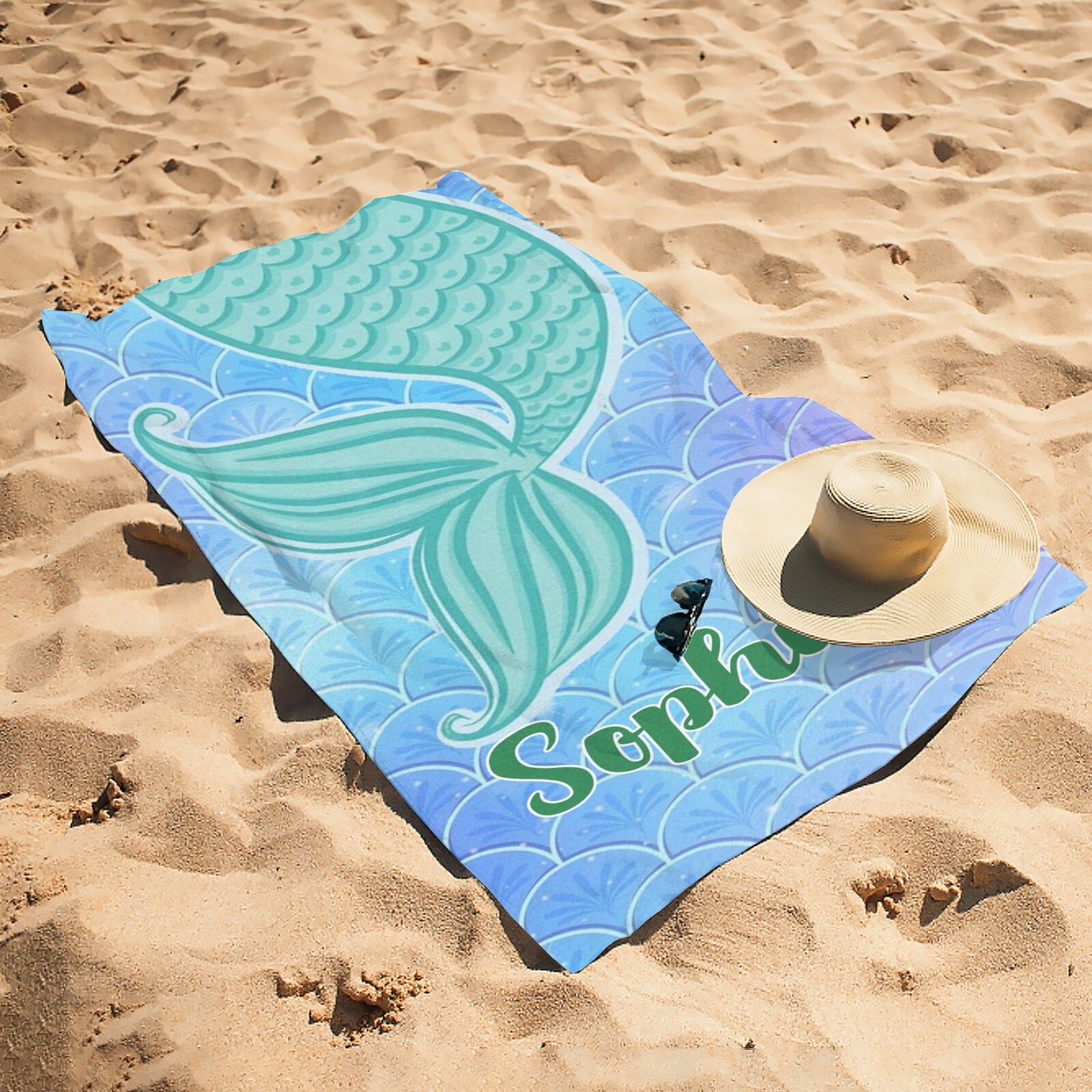 Mermaid Tail Green Beach Towel Custom Cotton/Poly Blend Pool Towel - Blue - Personalize with Your Name - Standard Size