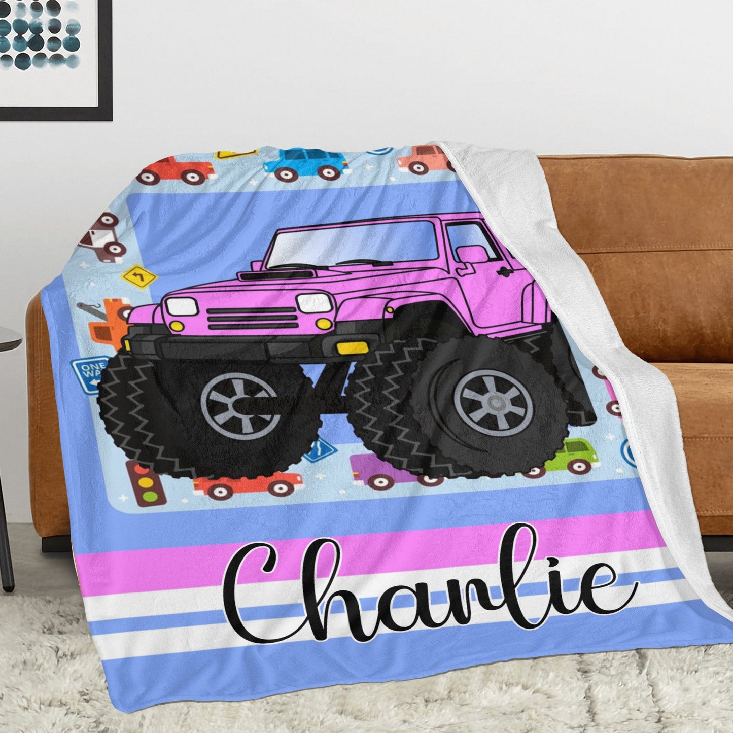 Cute Truck Flannel Blanket Custom Name Blanket Gift for Men Women