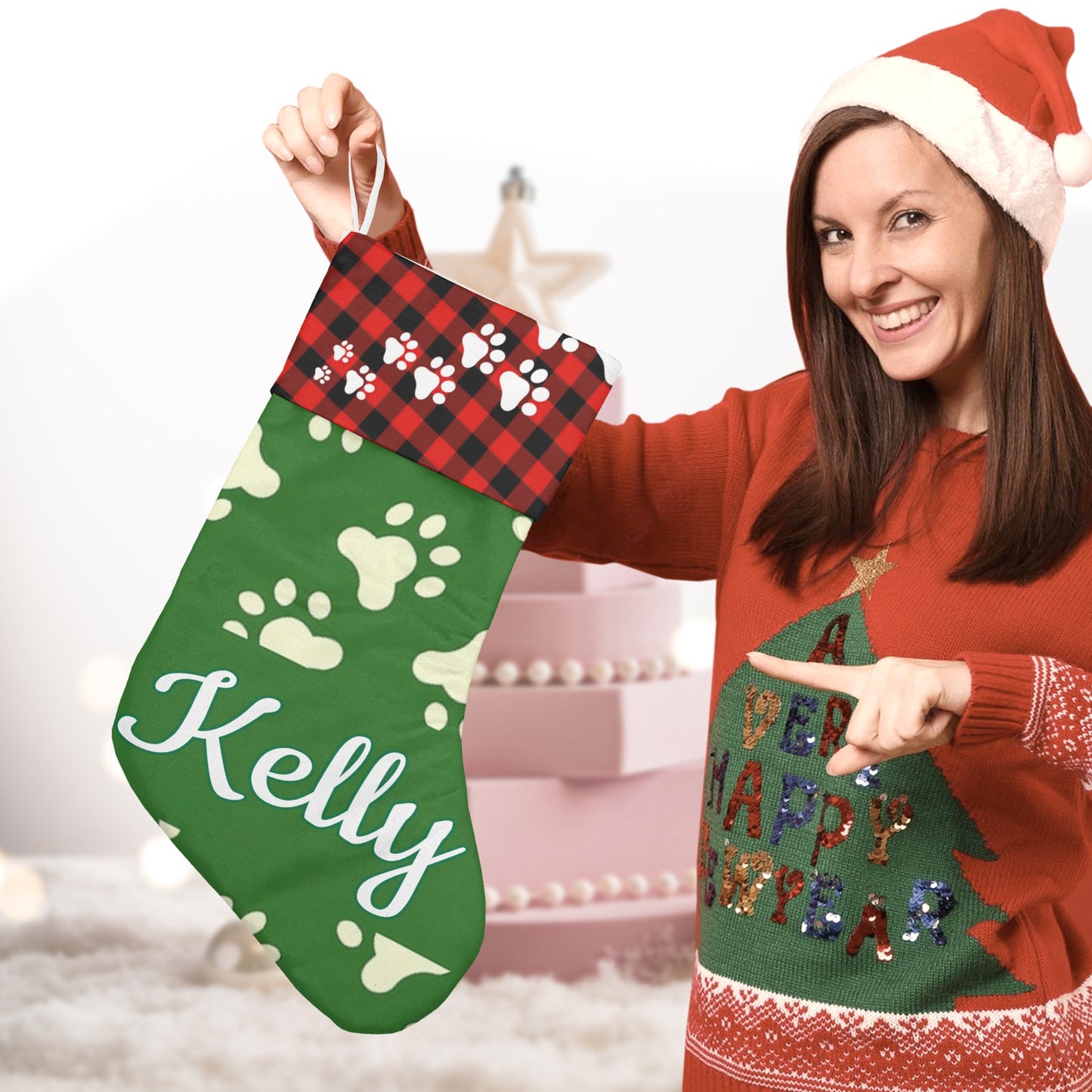 Dog Footprints Christmas Stocking Custom Name Santa Socks Gift