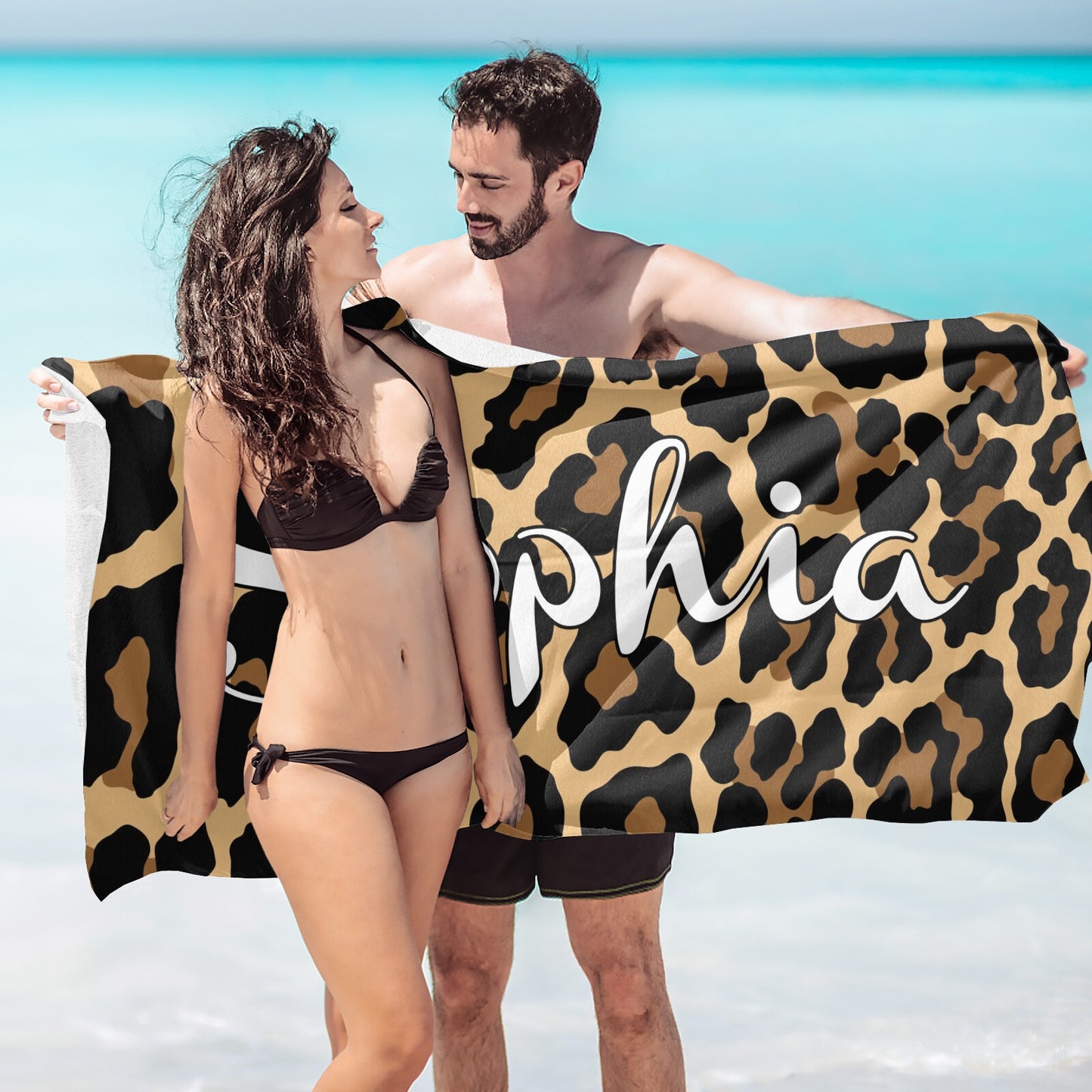 Leopard Print Beach Towel Custom Cotton/Poly Blend Pool Towel - Blue - Personalize with Your Name - Standard Size