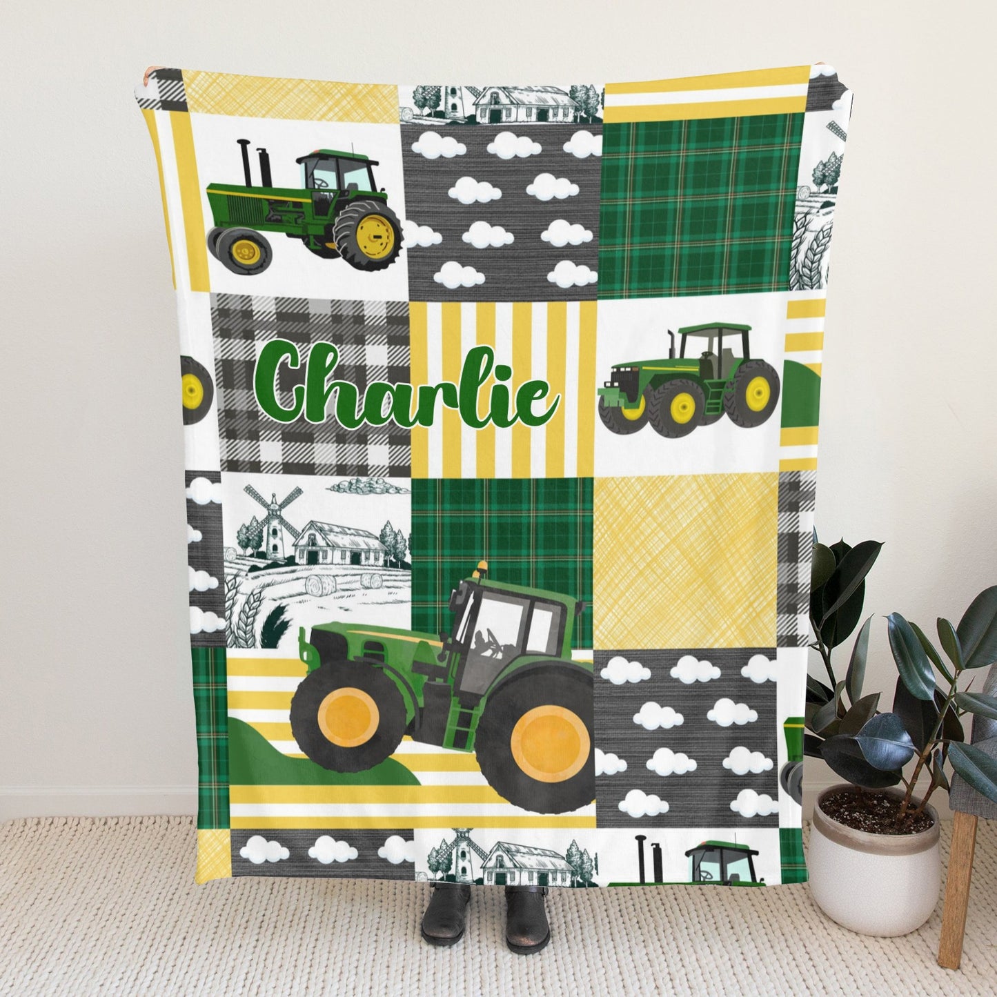 Tractor Patchwork Flannel Blanket Custom Name Blanket Gift for Men Women