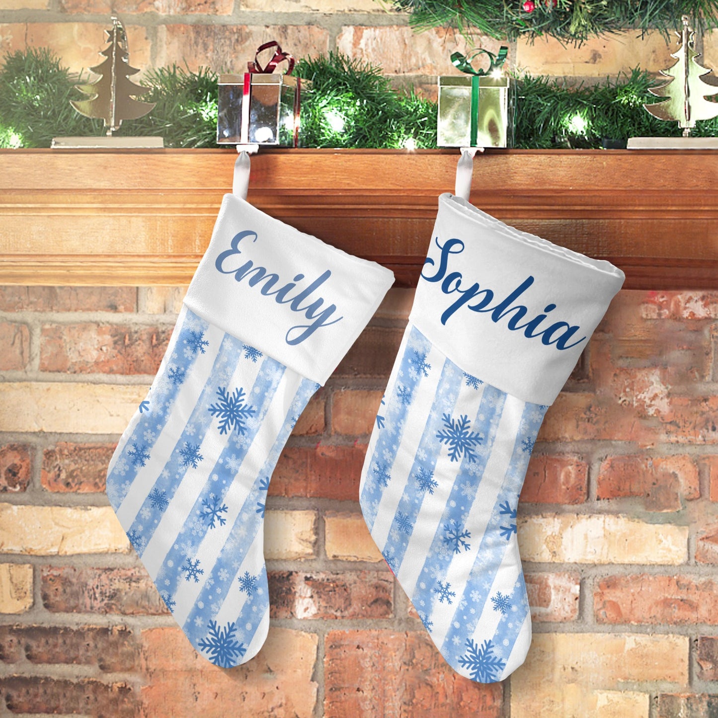 Snowflakes Stripes Christmas Stocking Custom Name Christmas Socks Gift