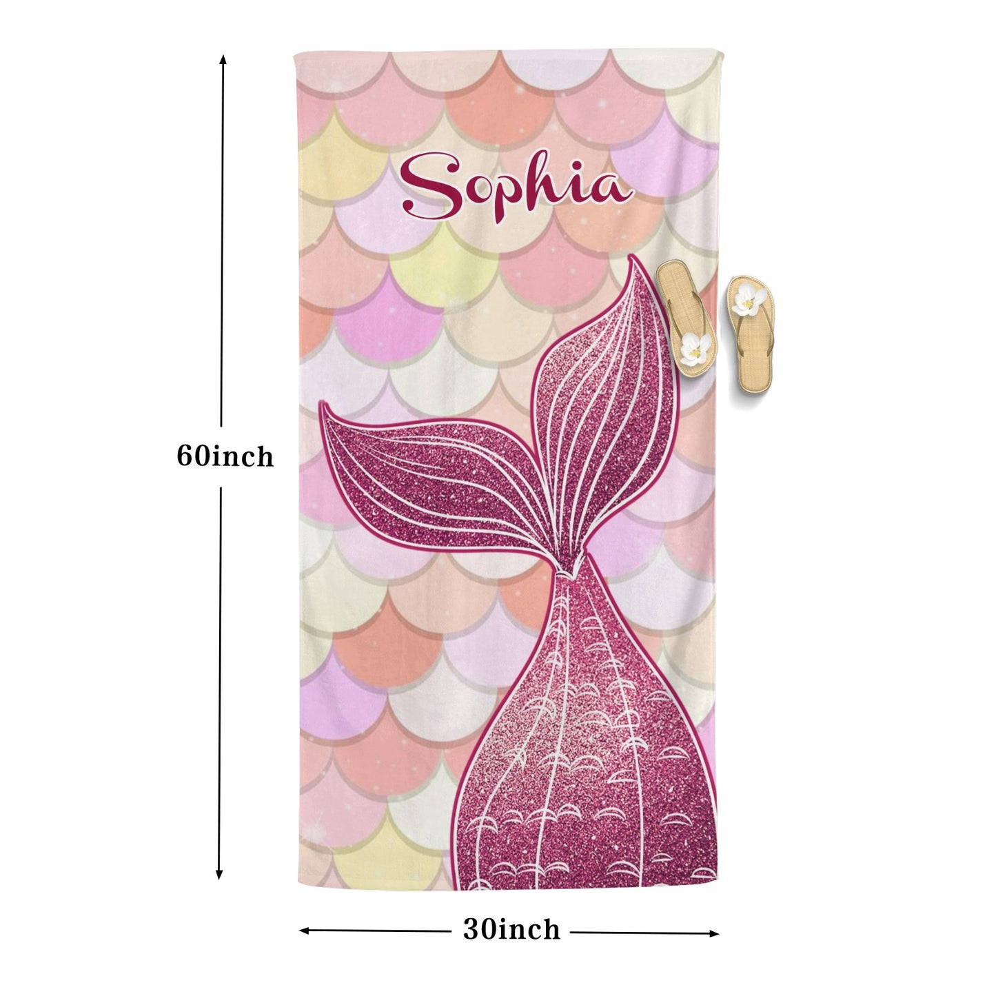 Red Mermaid Tail Beach Towel Custom Cotton/Poly Blend Pool Towel - Blue - Personalize with Your Name - Standard Size