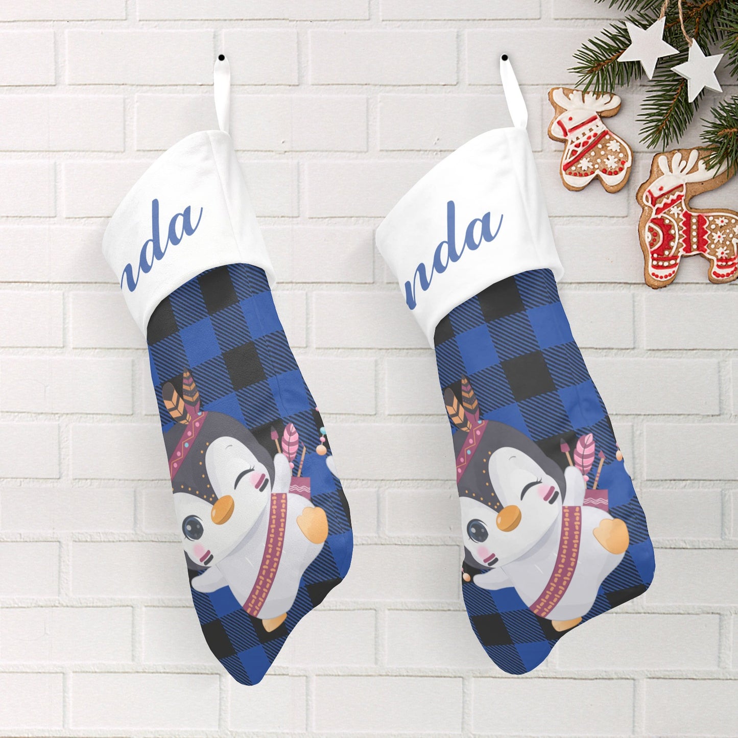 Blue Buffalo Penguin Christmas Stocking Custom Name Christmas Socks Gift