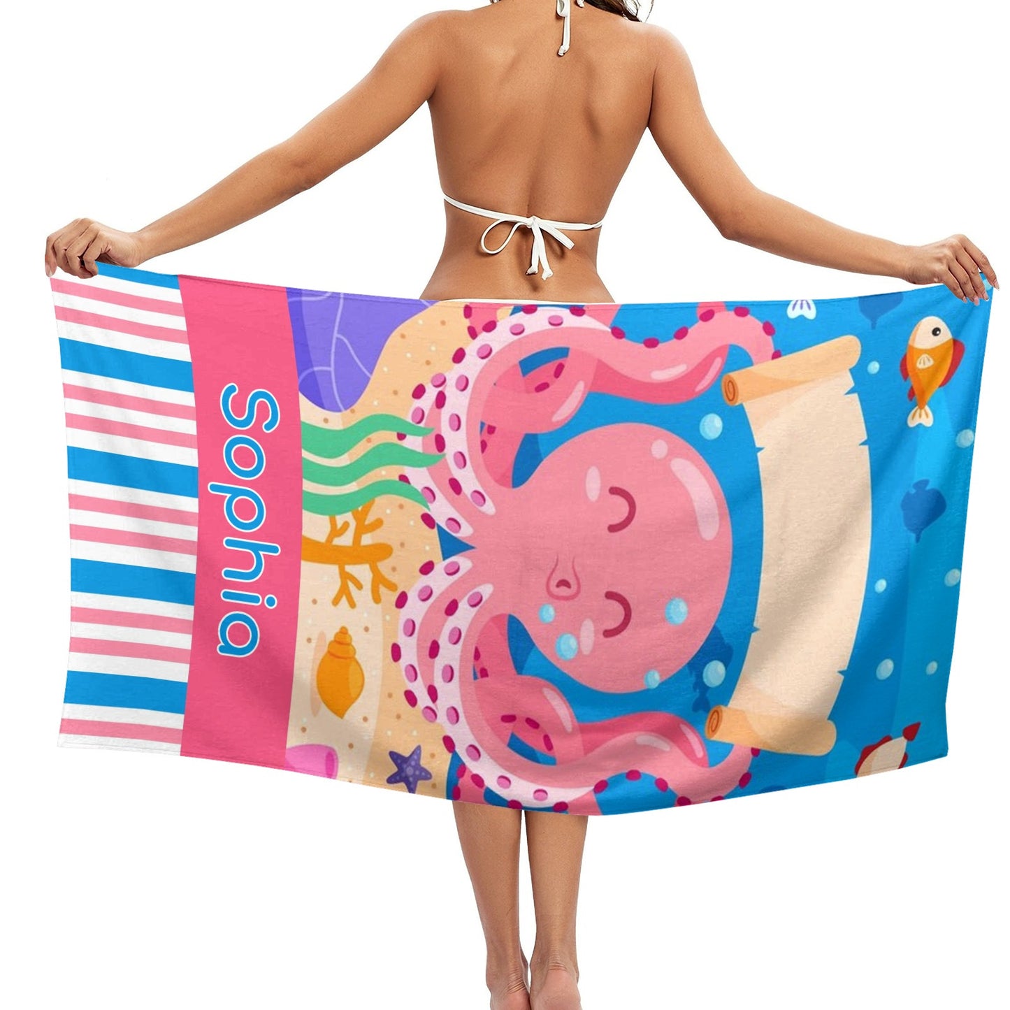 Octopus Beach Towel Custom Cotton/Poly Blend Pool Towel - Blue - Personalize with Your Name - Standard Size