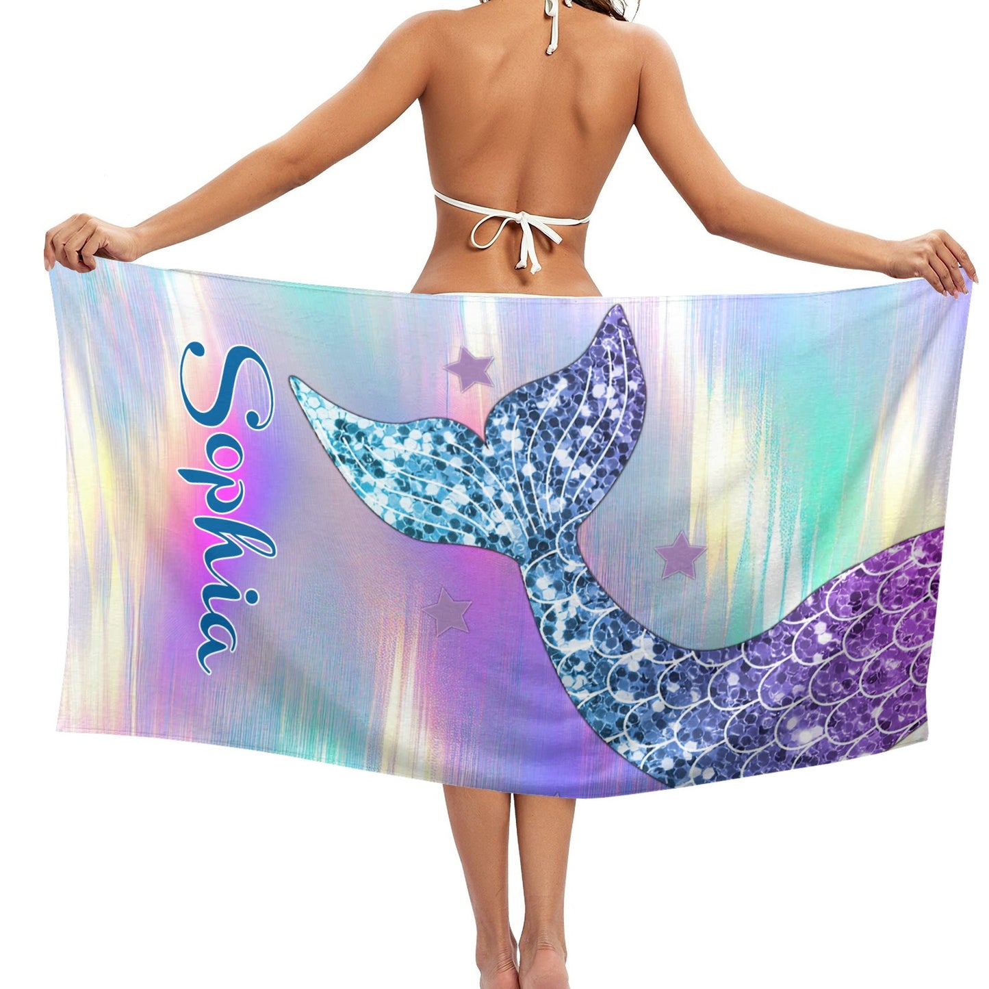 Mermaid Tail Beach Towel Custom Cotton/Poly Blend Pool Towel - Blue - Personalize with Your Name - Standard Size