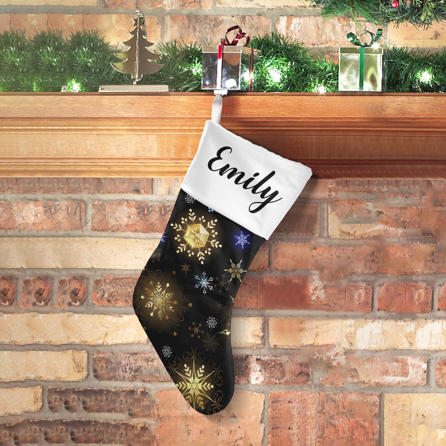 Snowflakes Black Christmas Stocking Custom Name Christmas Socks Gift