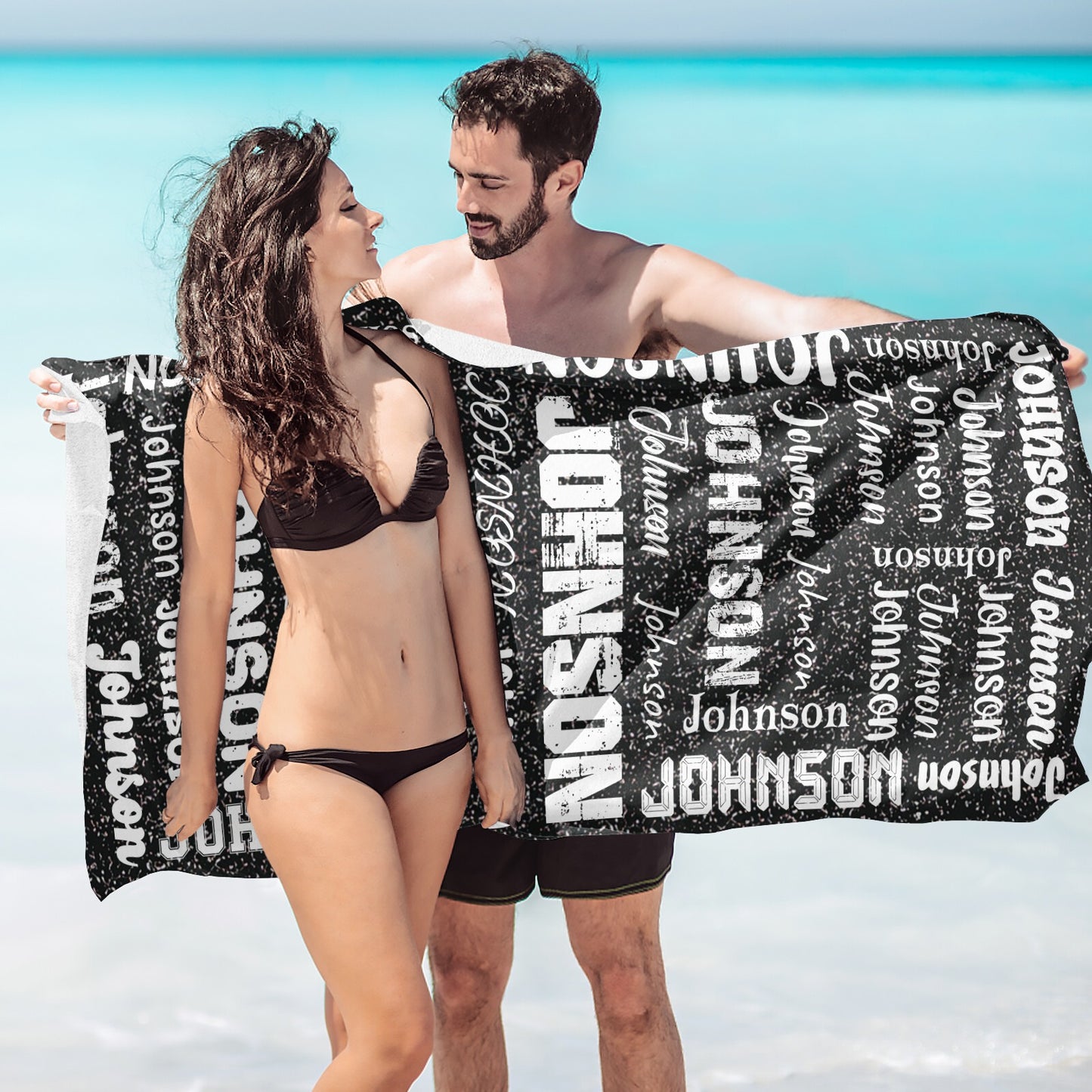 Black Beach Towel Custom Cotton/Poly Blend Pool Towel - Blue - Personalize with Your Name - Standard Size