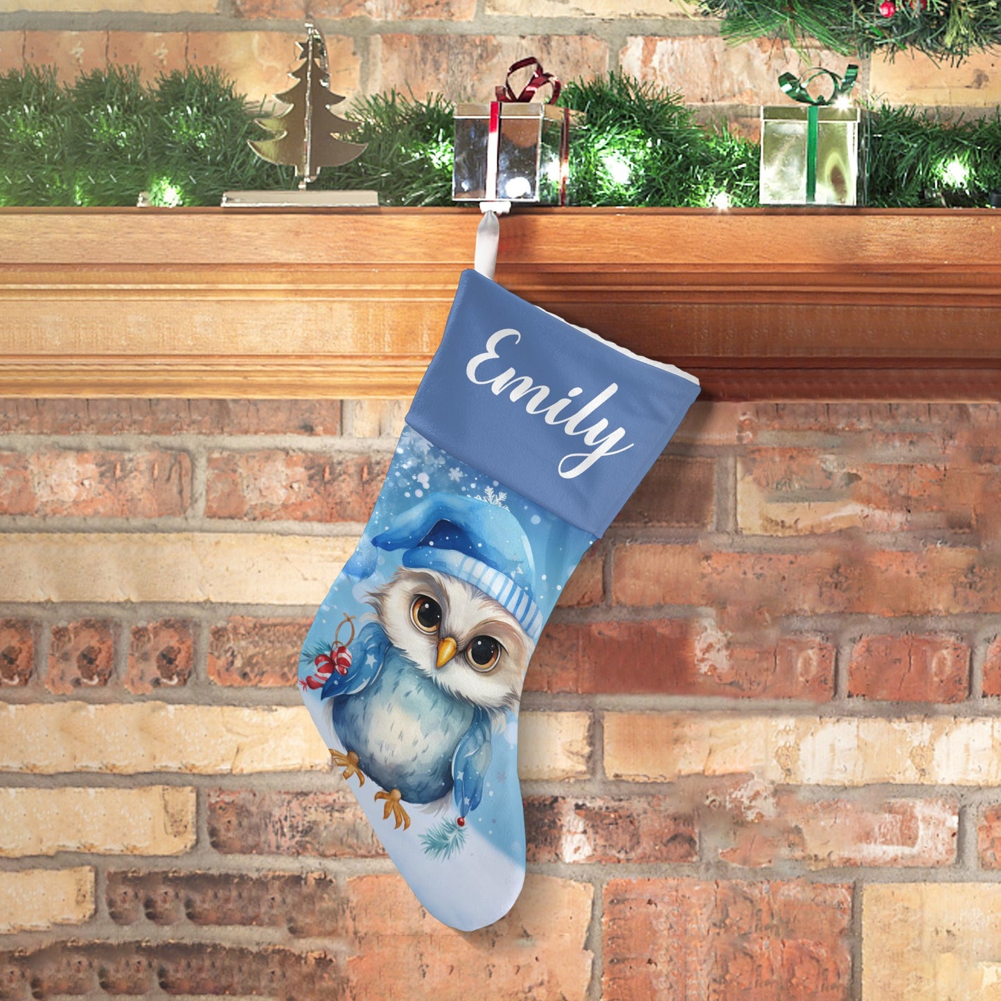 Owl Blue Christmas Stocking Custom Name Christmas Socks Gift