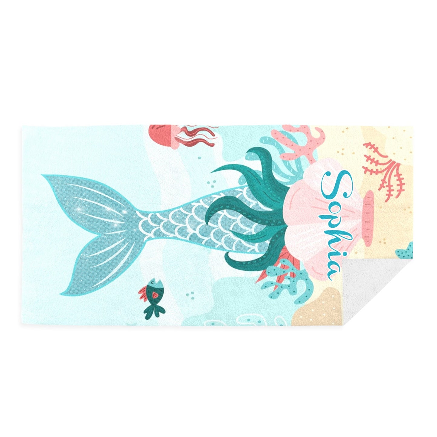 Mermaid Green Beach Towel Custom Cotton/Poly Blend Pool Towel - Blue - Personalize with Your Name - Standard Size