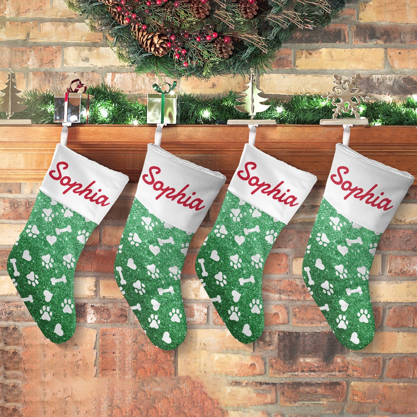Dog Claw Green Christmas Stocking Custom Name Santa Socks Gift