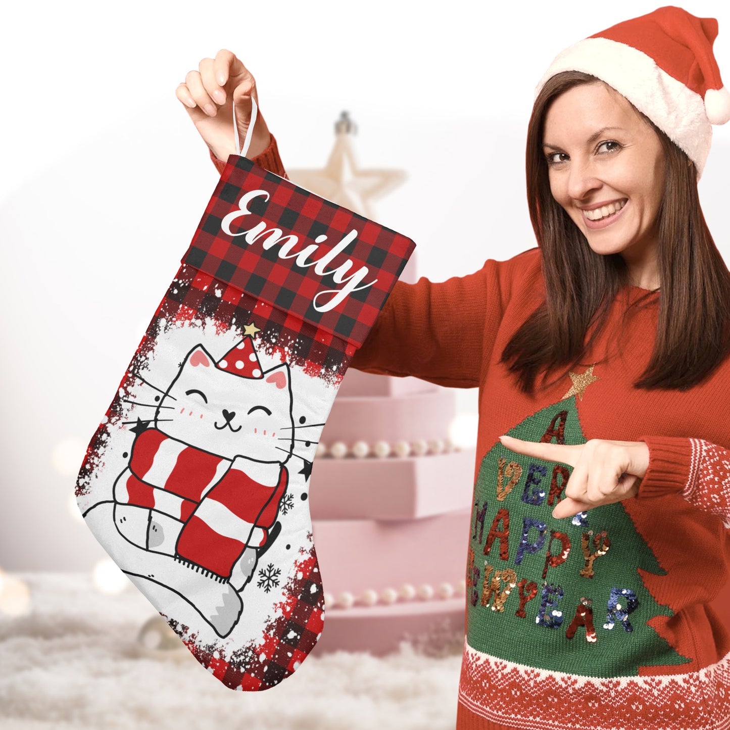 Buffalo Plaid Cat Christmas Stocking Custom Name Christmas Socks Gift