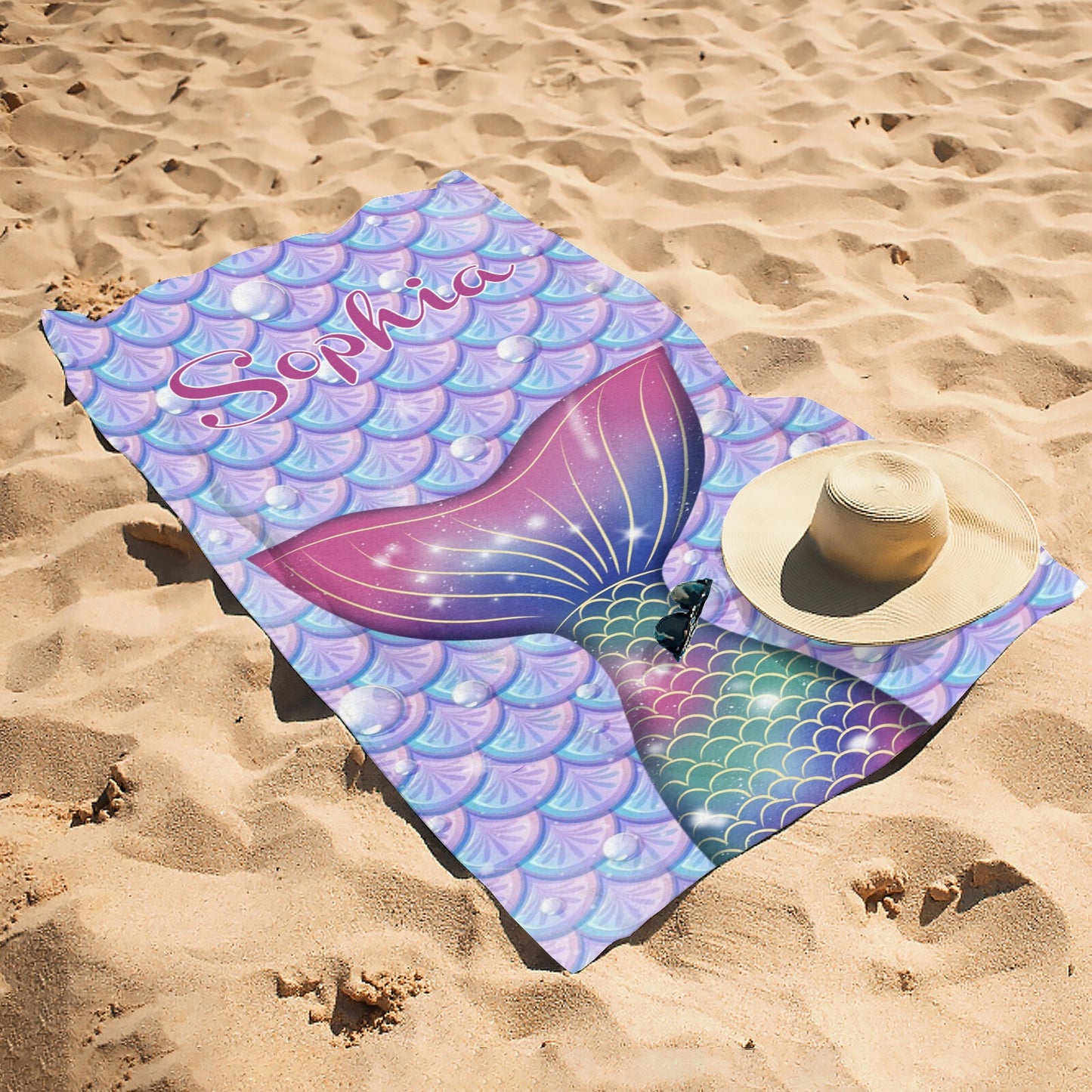 Cute Mermaid Tail Beach Towel Custom Cotton/Poly Blend Pool Towel - Blue - Personalize with Your Name - Standard Size