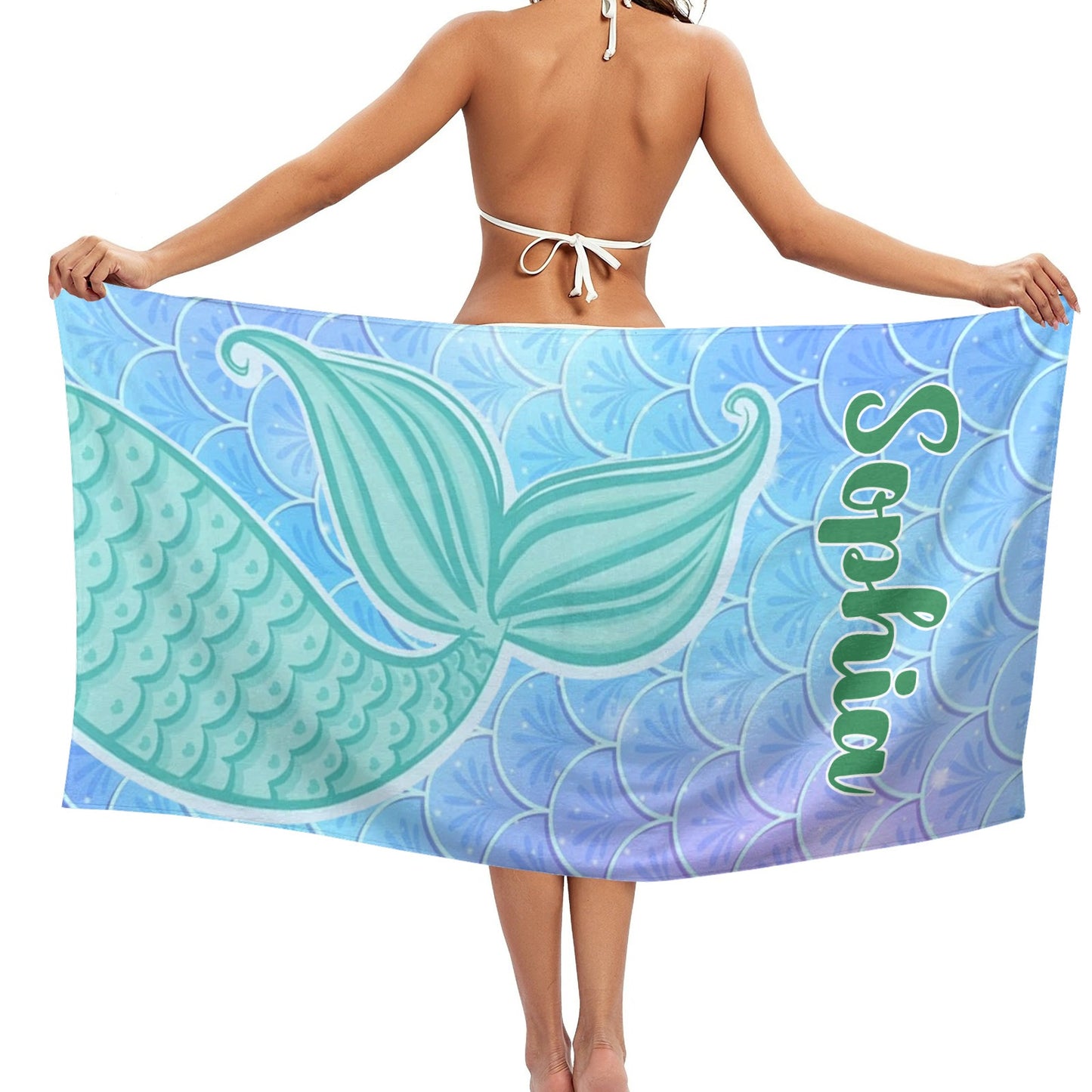 Mermaid Tail Green Beach Towel Custom Cotton/Poly Blend Pool Towel - Blue - Personalize with Your Name - Standard Size
