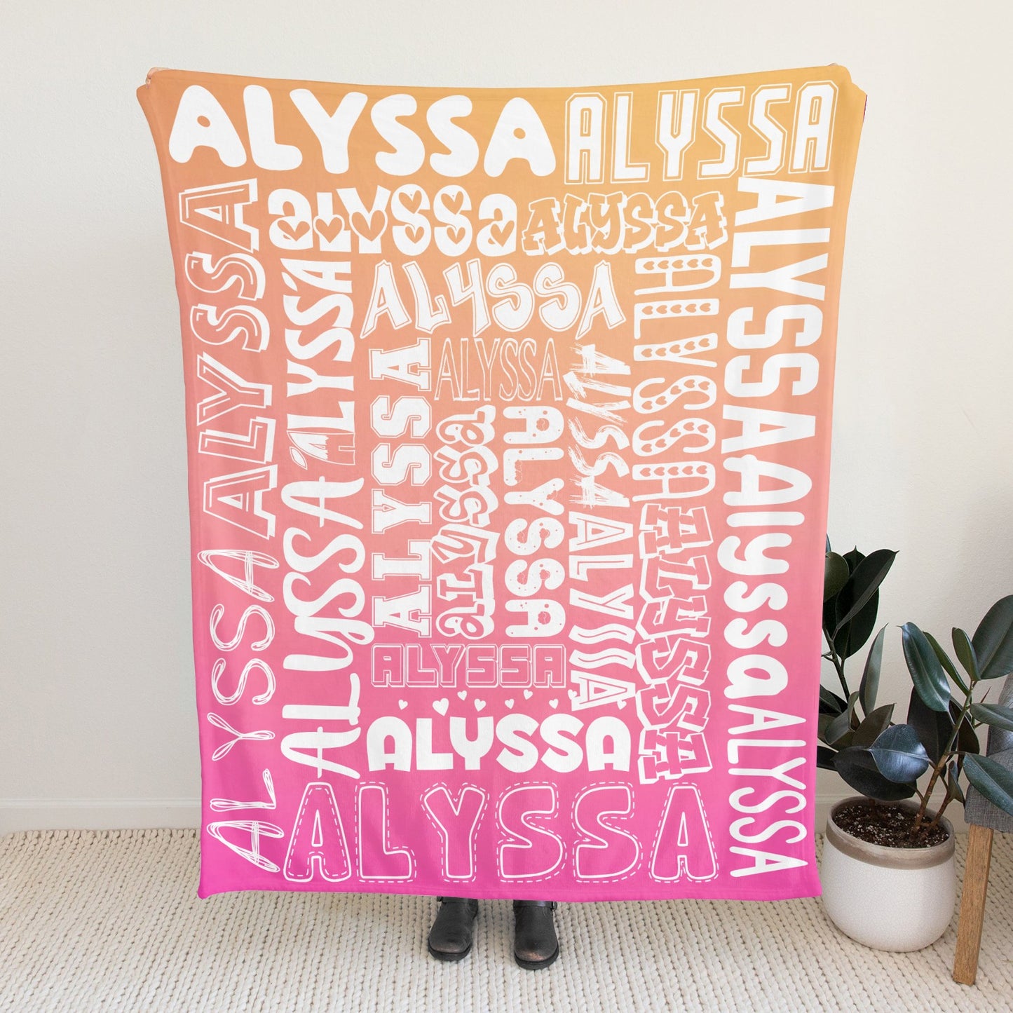 Orange Rose Gradient Flannel Blanket Name Blanket Personalized Blanket for Adult Kids Flannel Customize Throw Blanket Custom