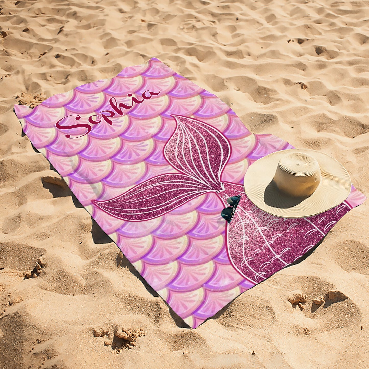 Mermaid Tail Purple Beach Towel Custom Cotton/Poly Blend Pool Towel - Blue - Personalize with Your Name - Standard Size