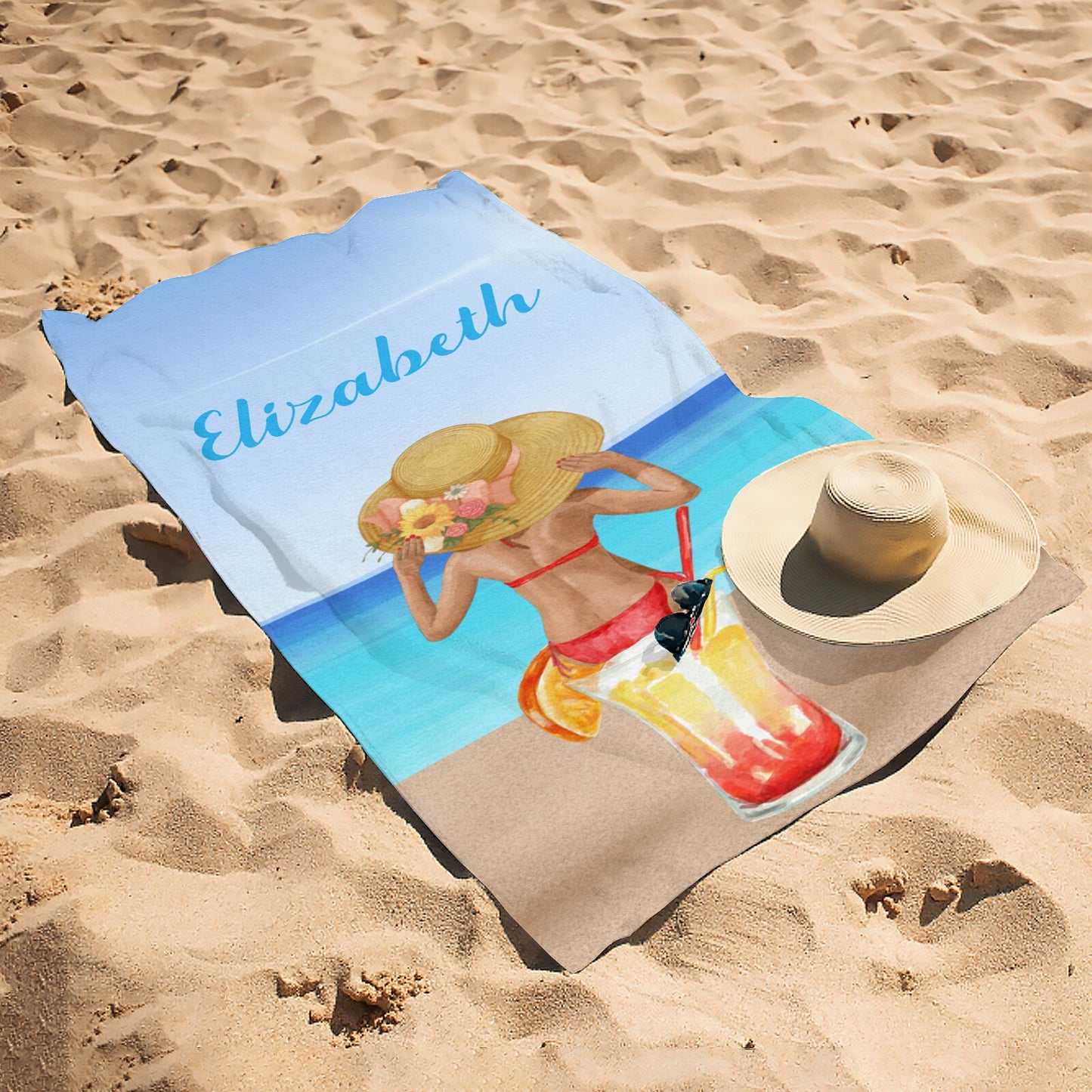 Beach Girl Beach Towel Custom Cotton/Poly Blend Pool Towel - Blue - Personalize with Your Name - Standard Size