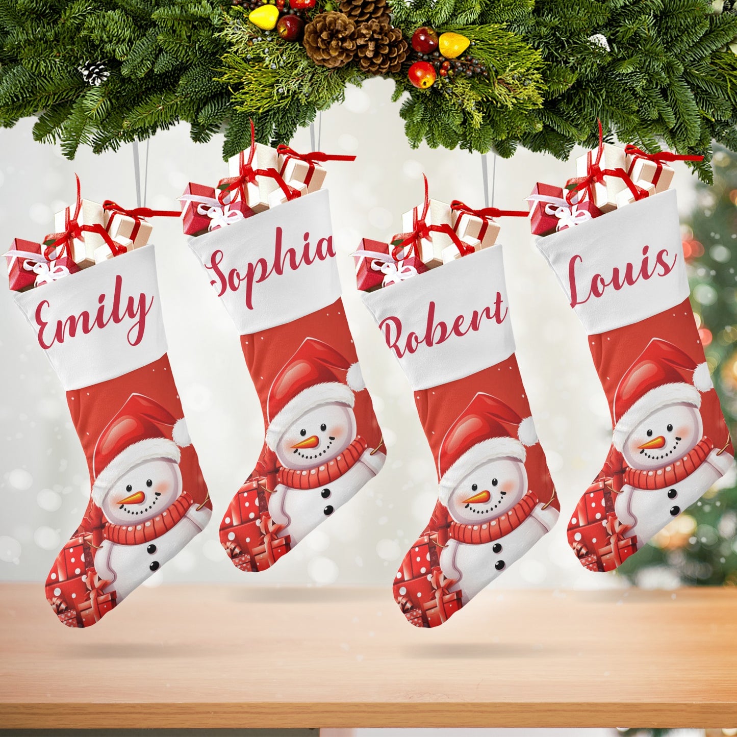 Snowman Red Christmas Stocking Custom Name Christmas Socks Gift