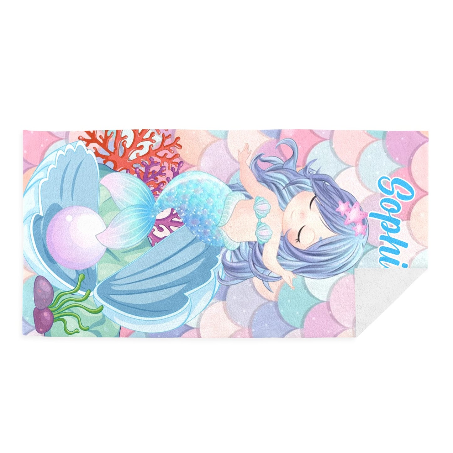 Cute Mermaid Beach Towel Custom Cotton/Poly Blend Pool Towel - Blue - Personalize with Your Name - Standard Size