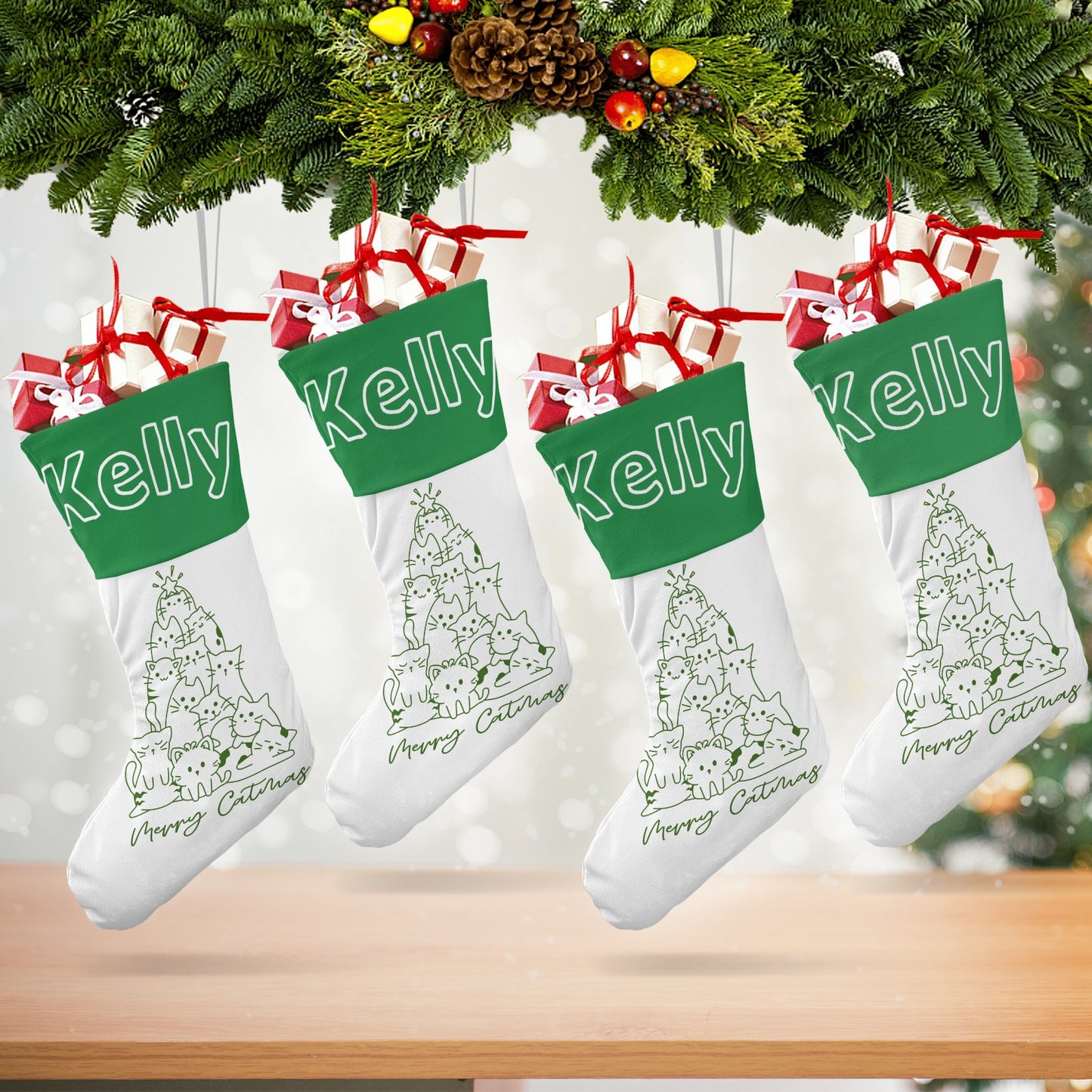 Green Cat Tree Christmas Stocking Custom Name Santa Socks Gift