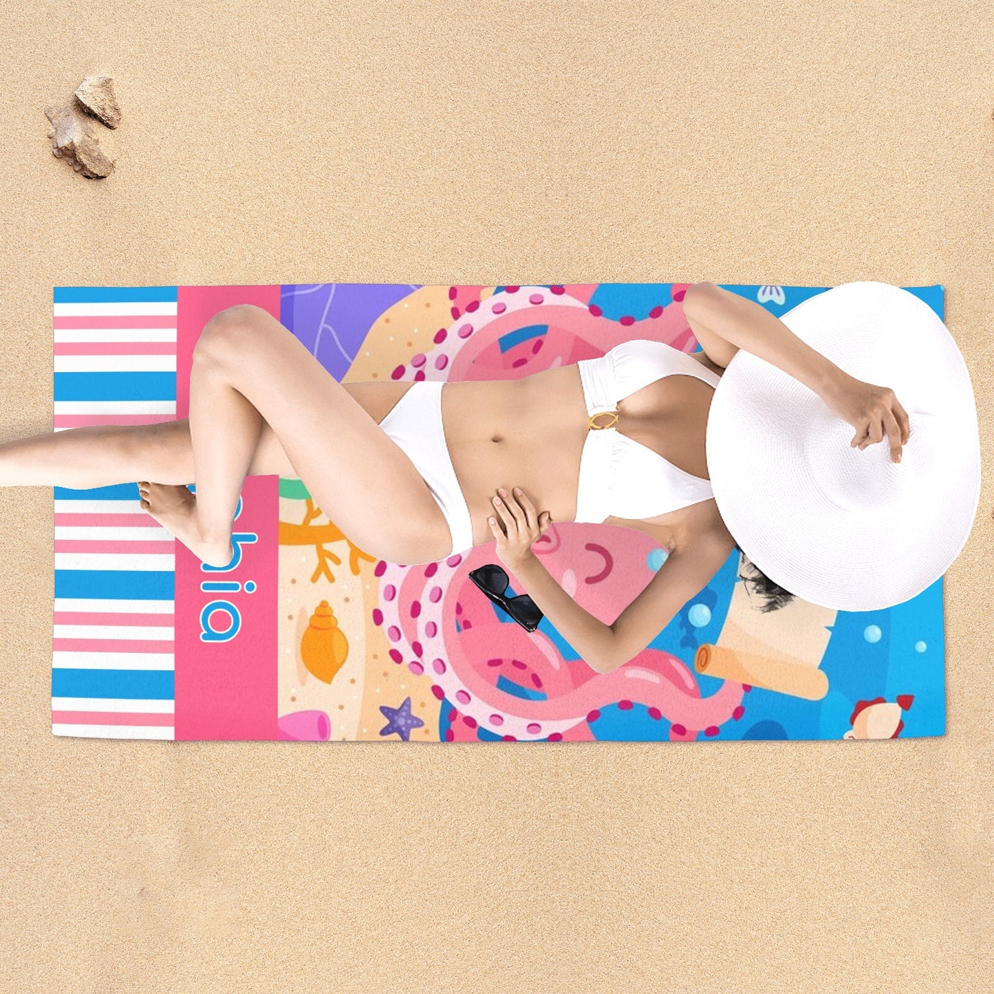 Octopus Beach Towel Custom Cotton/Poly Blend Pool Towel - Blue - Personalize with Your Name - Standard Size