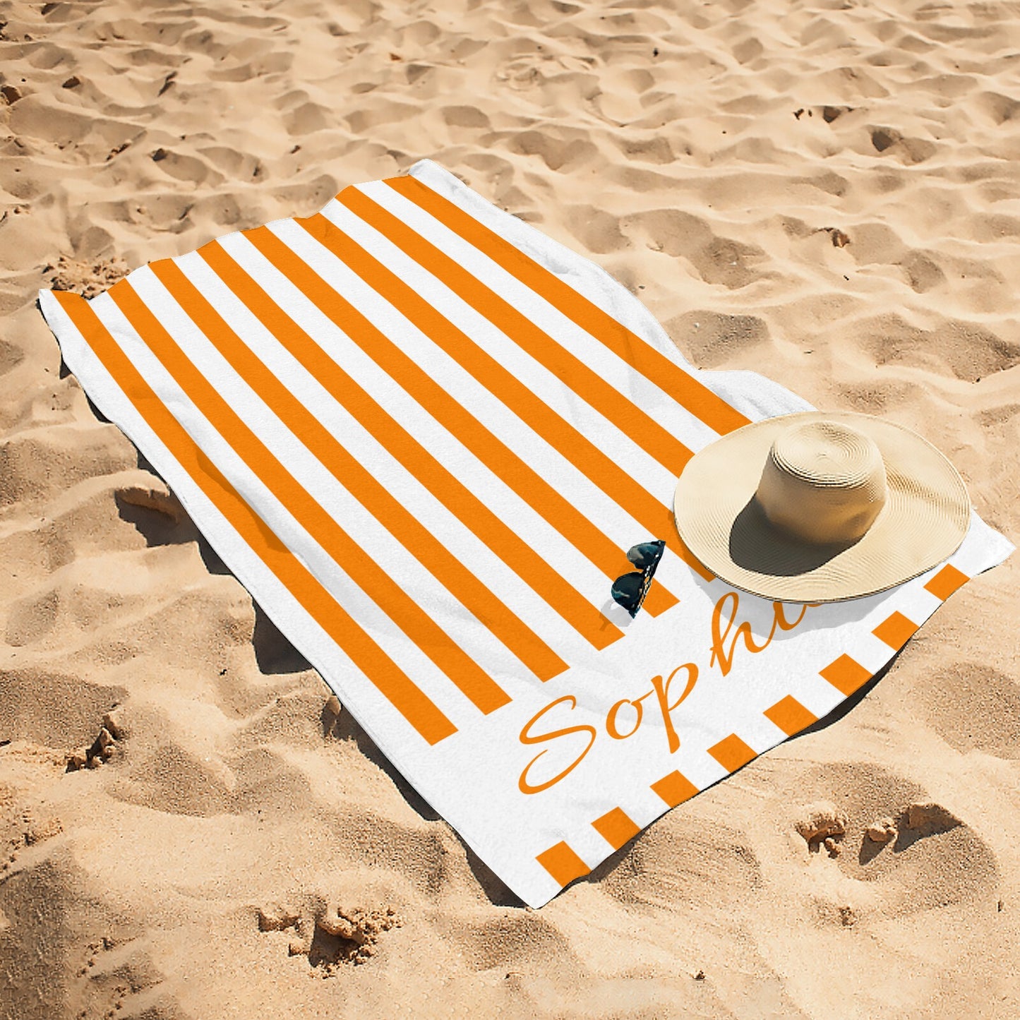 Orange Stripe Beach Towel Custom Cotton/Poly Blend Pool Towel - Blue - Personalize with Your Name - Standard Size