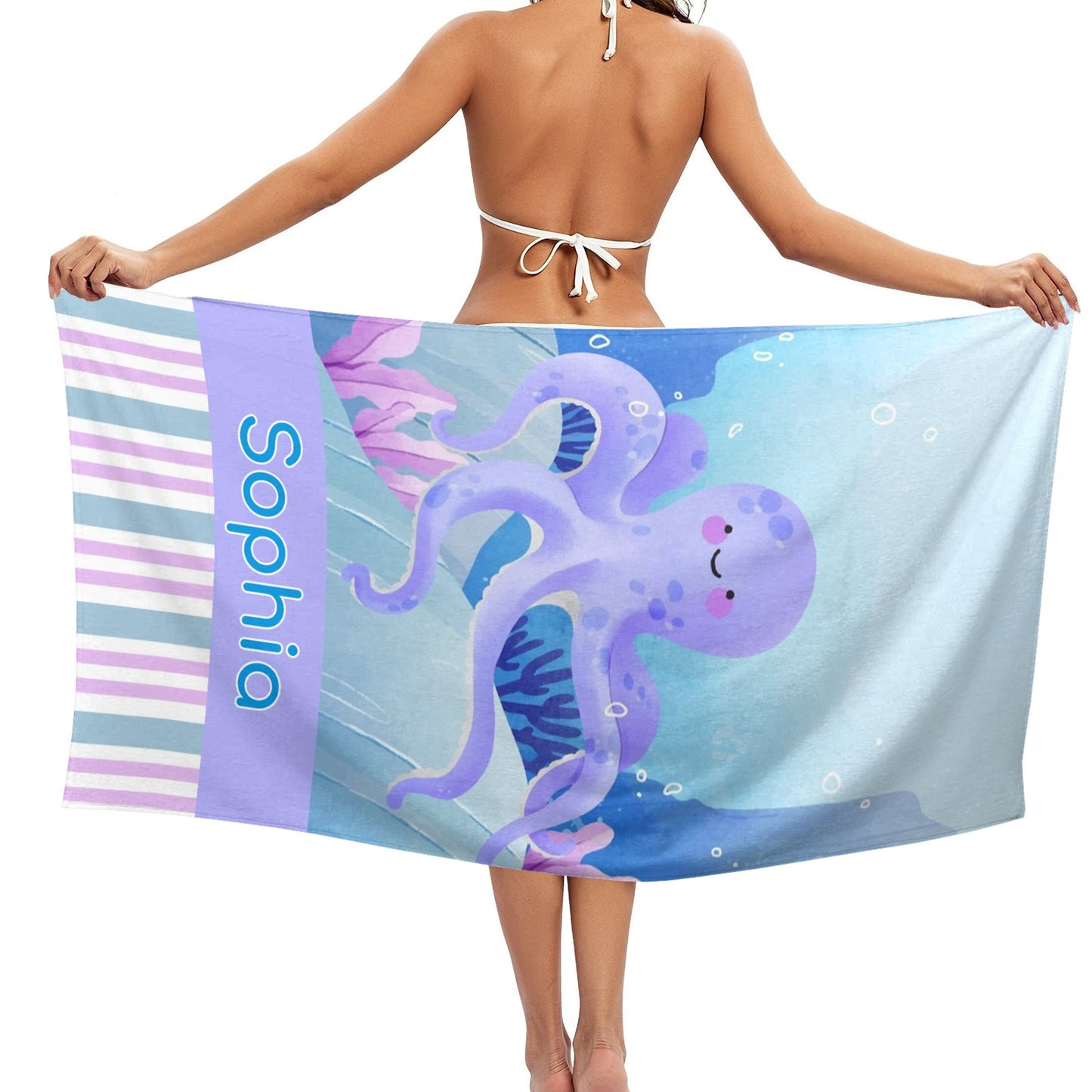 Octopus Purple Beach Towel Custom Cotton/Poly Blend Pool Towel - Blue - Personalize with Your Name - Standard Size