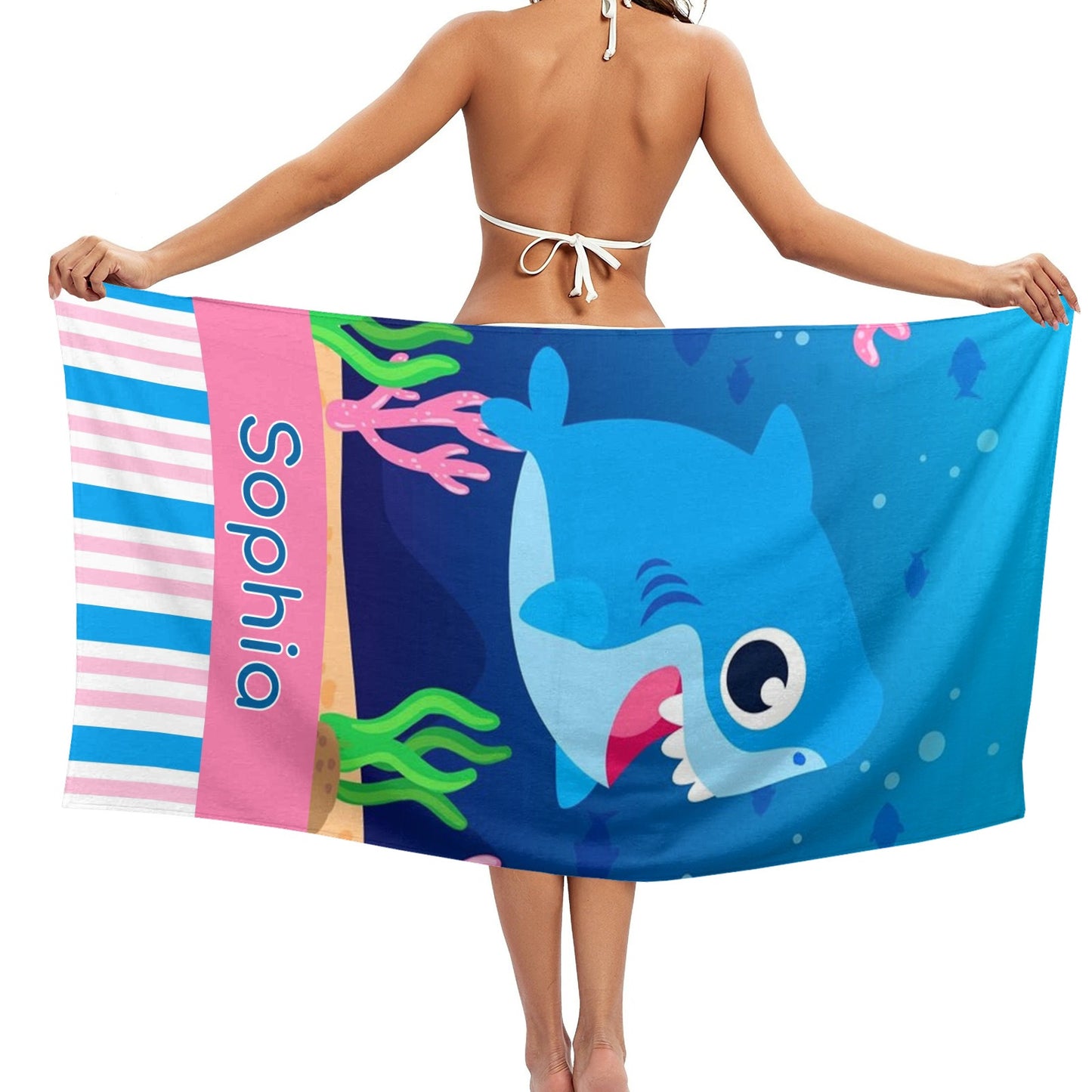 Shark Beach Towel Custom Cotton/Poly Blend Pool Towel - Blue - Personalize with Your Name - Standard Size