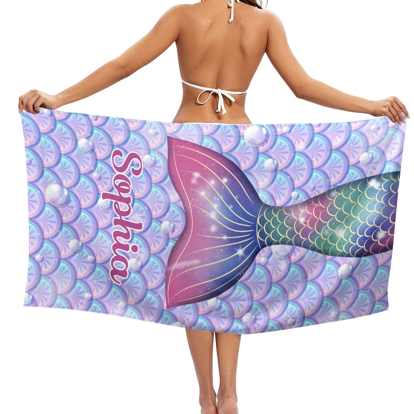 Cute Mermaid Tail Beach Towel Custom Cotton/Poly Blend Pool Towel - Blue - Personalize with Your Name - Standard Size