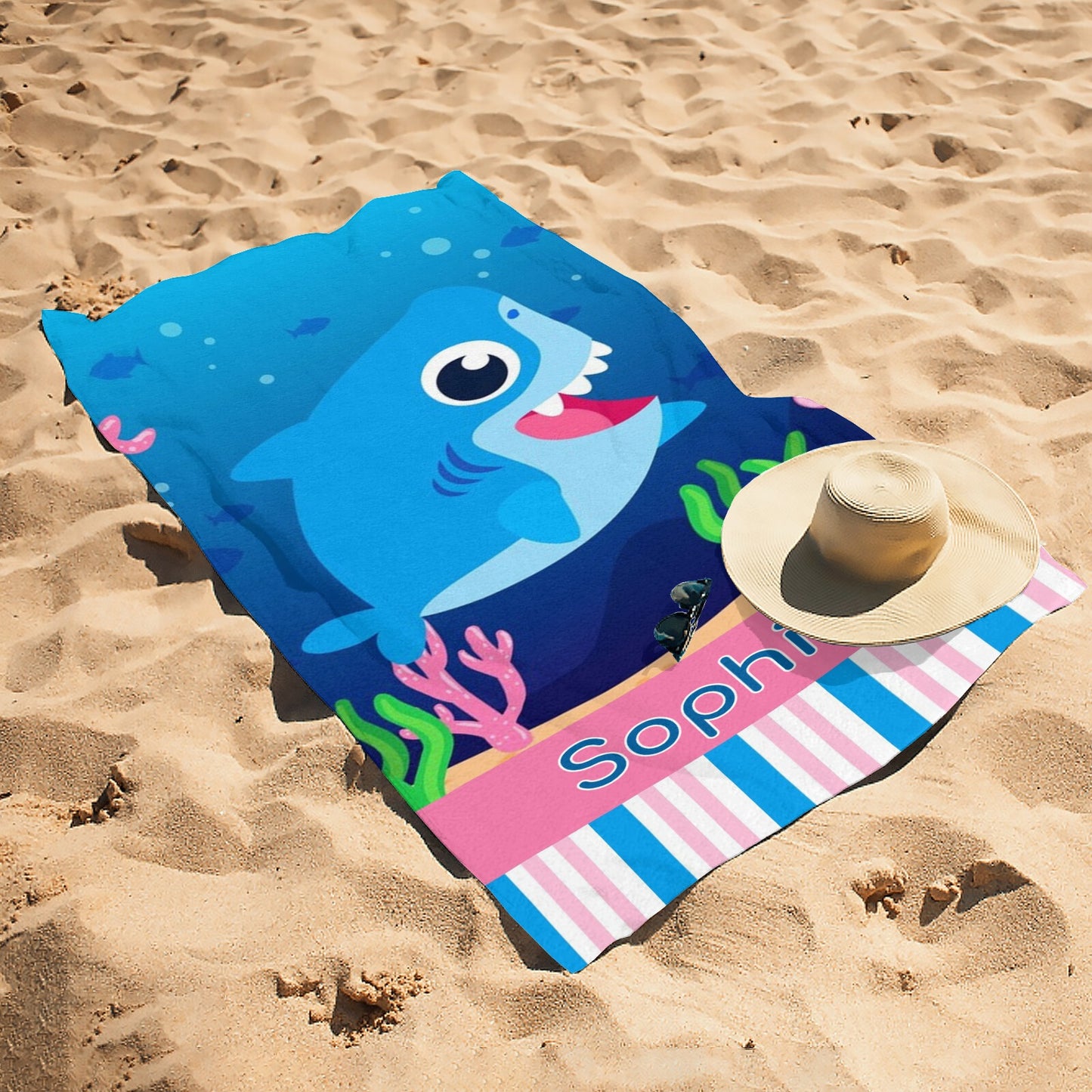 Shark Beach Towel Custom Cotton/Poly Blend Pool Towel - Blue - Personalize with Your Name - Standard Size