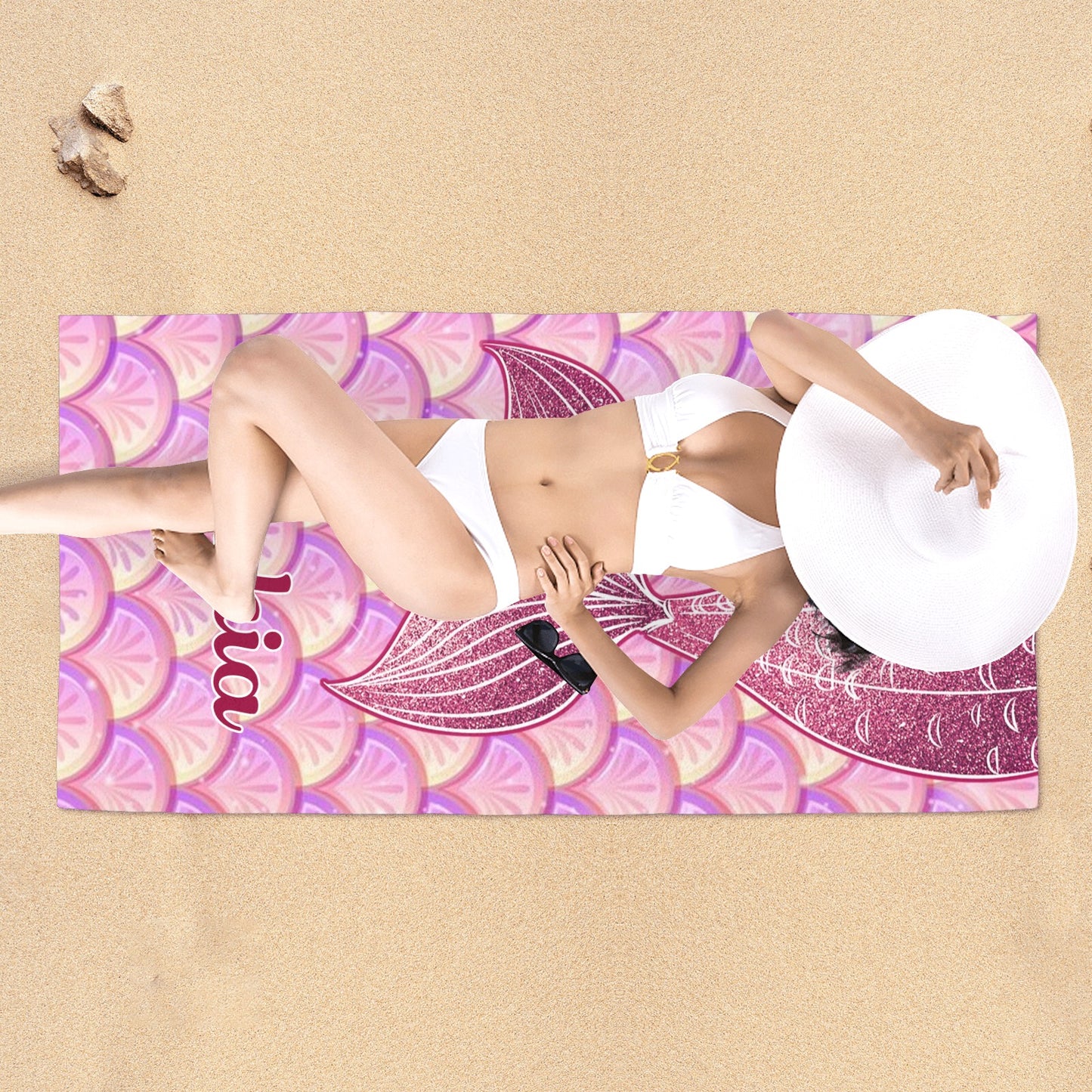 Mermaid Tail Purple Beach Towel Custom Cotton/Poly Blend Pool Towel - Blue - Personalize with Your Name - Standard Size