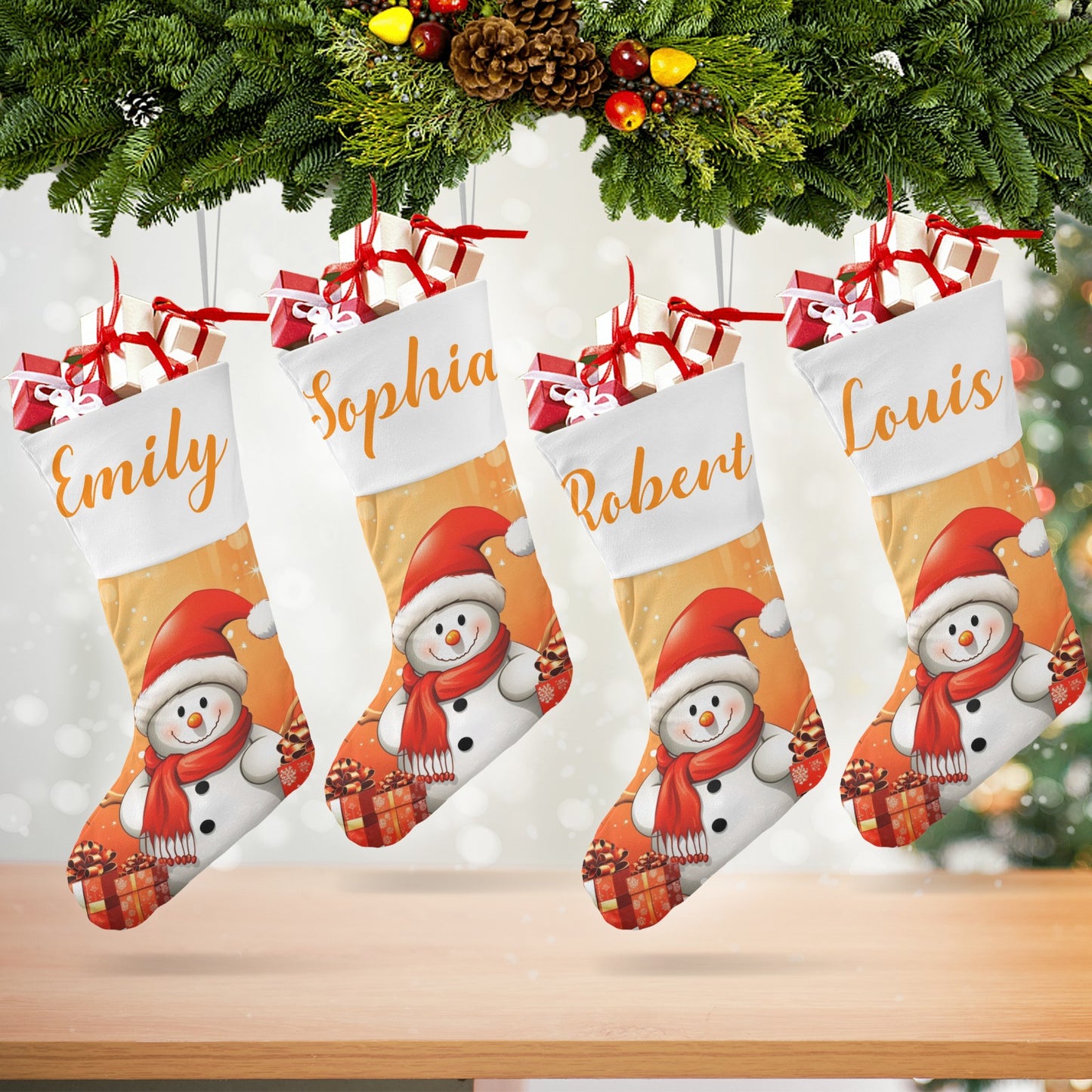 Snowman Orange Christmas Stocking Custom Name Christmas Socks Gift