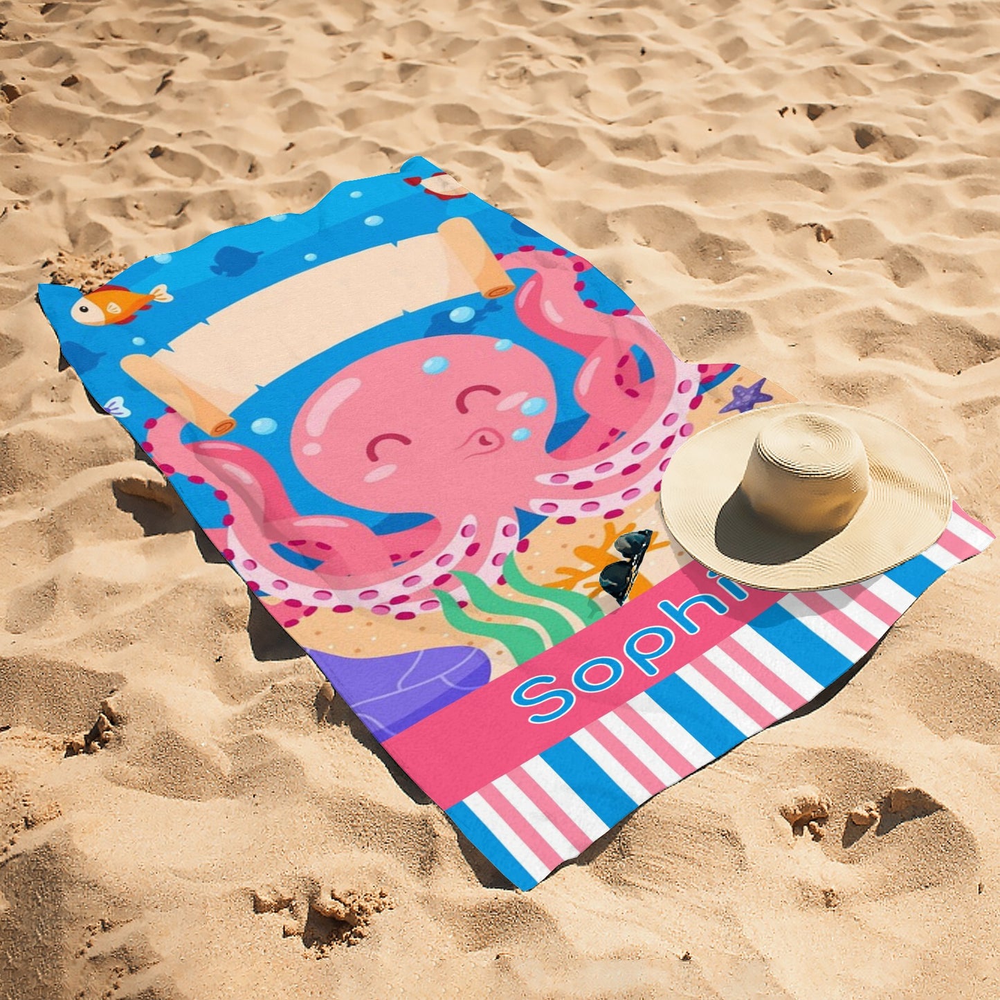 Octopus Beach Towel Custom Cotton/Poly Blend Pool Towel - Blue - Personalize with Your Name - Standard Size