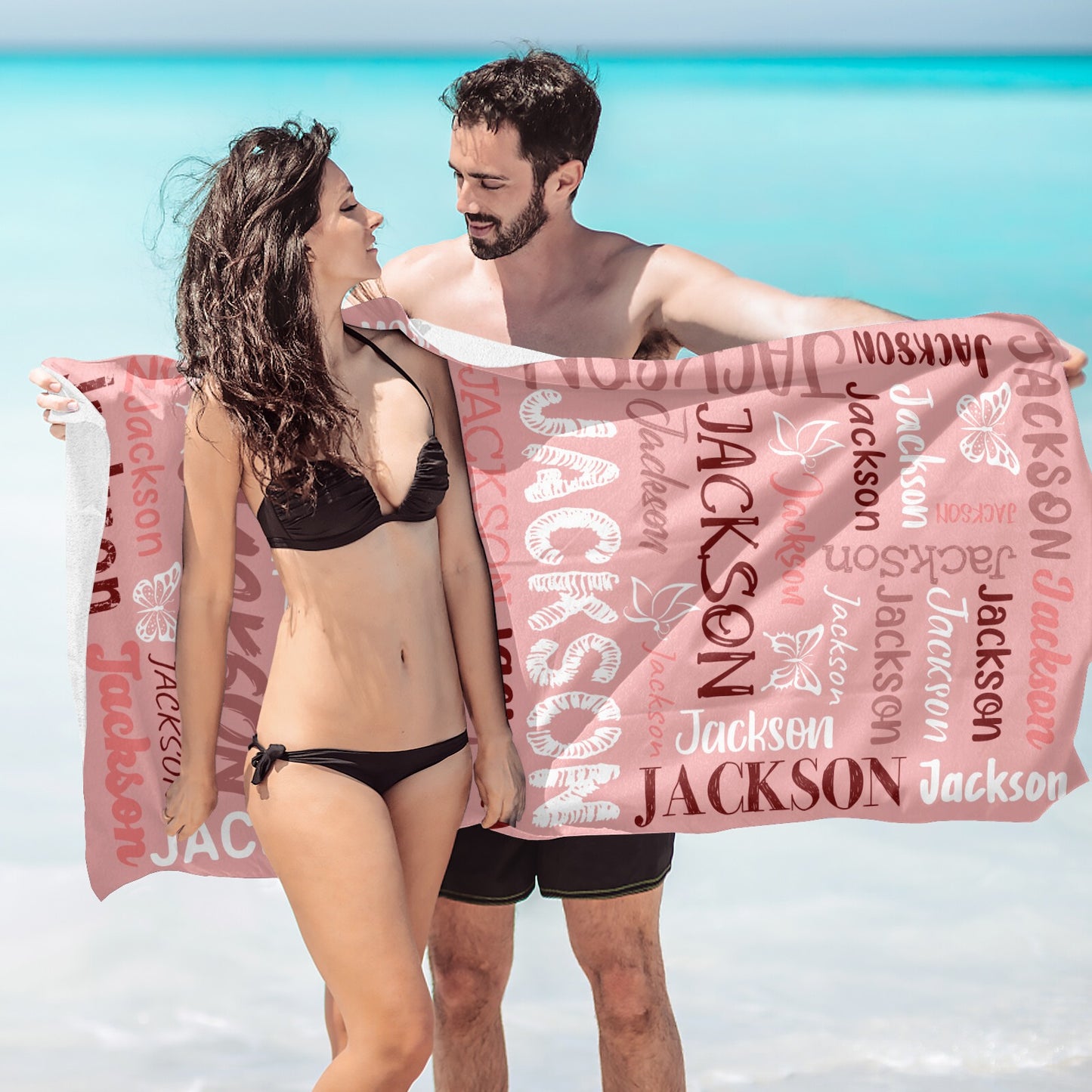 Pink Beach Towel Custom Cotton/Poly Blend Pool Towel - Blue - Personalize with Your Name - Standard Size