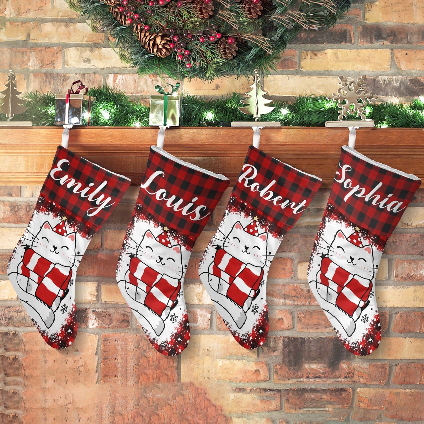 Buffalo Plaid Cat Christmas Stocking Custom Name Christmas Socks Gift