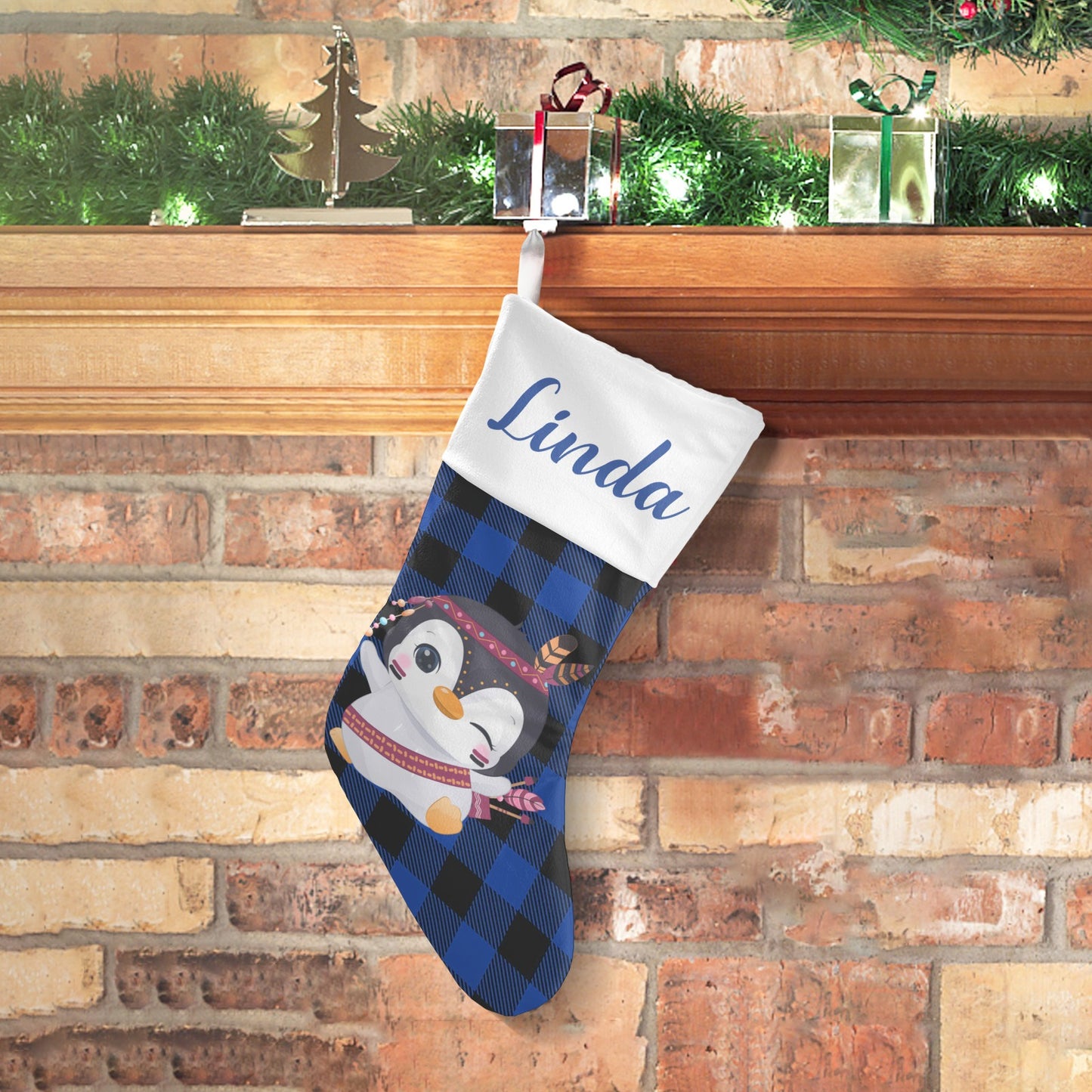 Blue Buffalo Penguin Christmas Stocking Custom Name Christmas Socks Gift