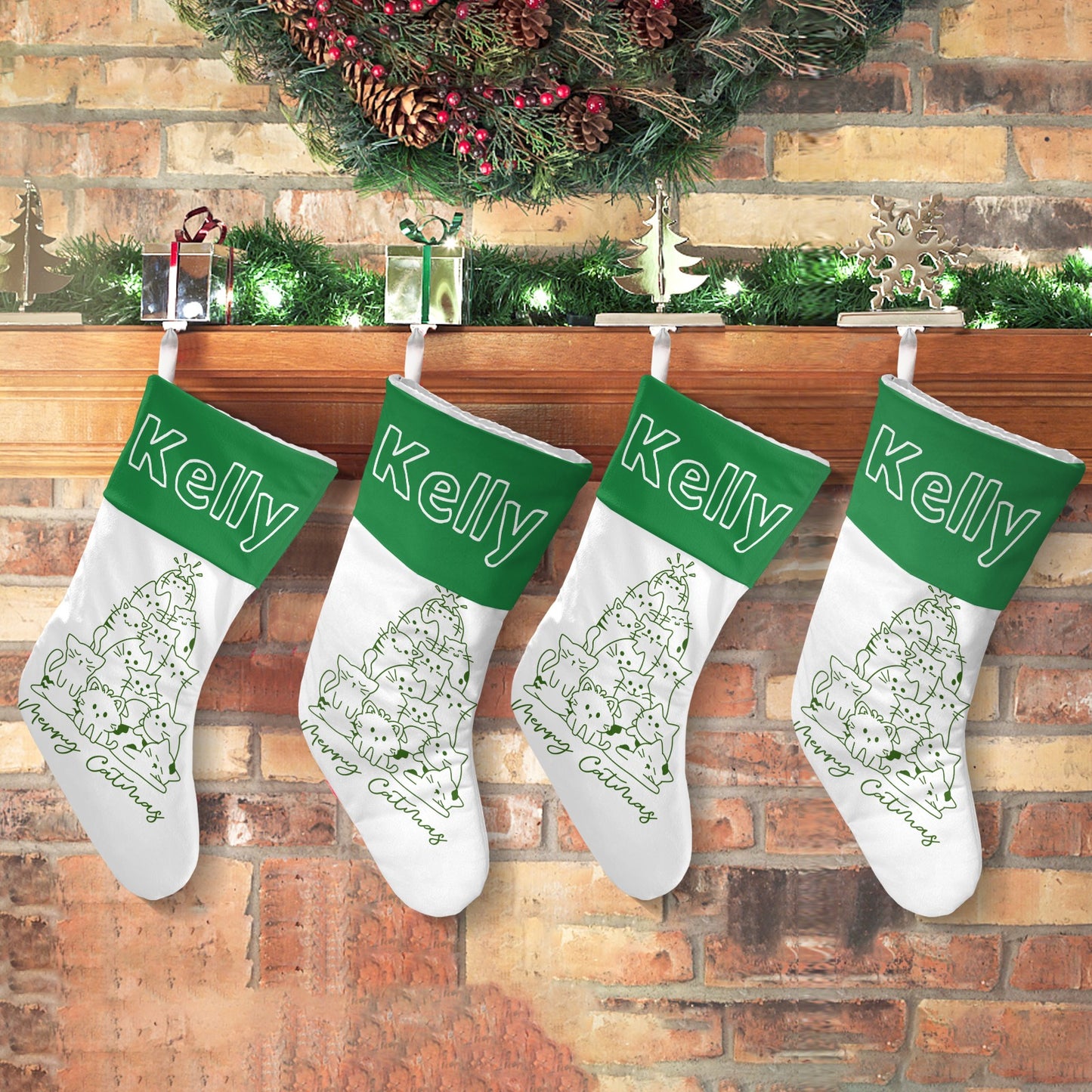 Green Cat Tree Christmas Stocking Custom Name Santa Socks Gift