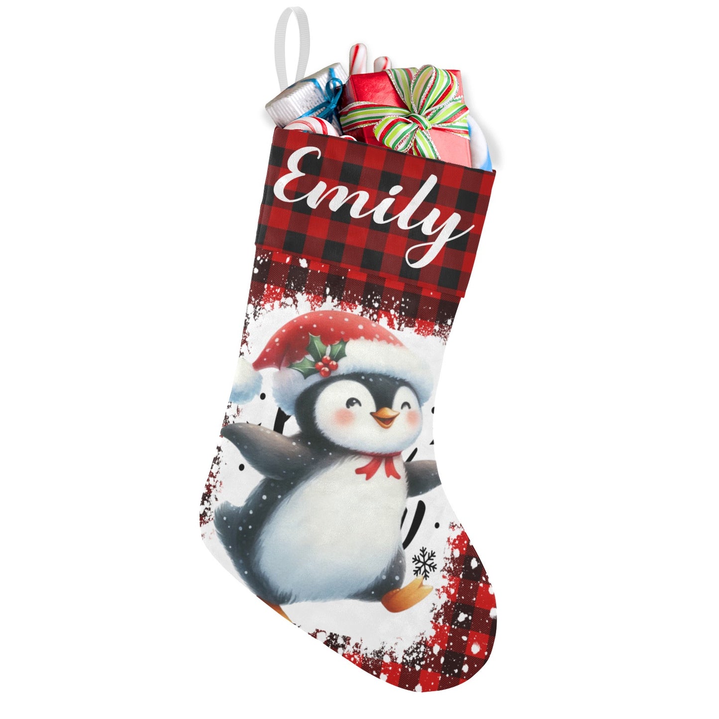 Buffalo Plaid Penguin Christmas Stocking Custom Name Christmas Socks Gift