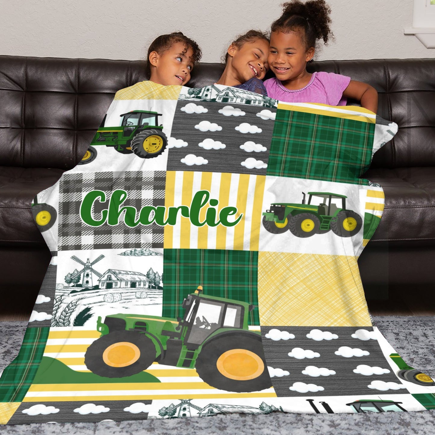Tractor Patchwork Flannel Blanket Custom Name Blanket Gift for Men Women