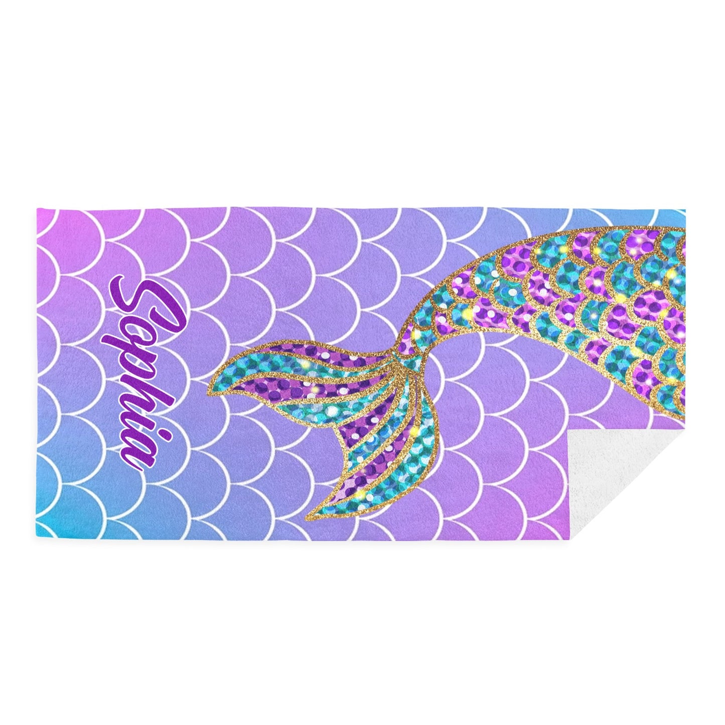 Purple Mermaid Tail Beach Towel Custom Cotton/Poly Blend Pool Towel - Blue - Personalize with Your Name - Standard Size